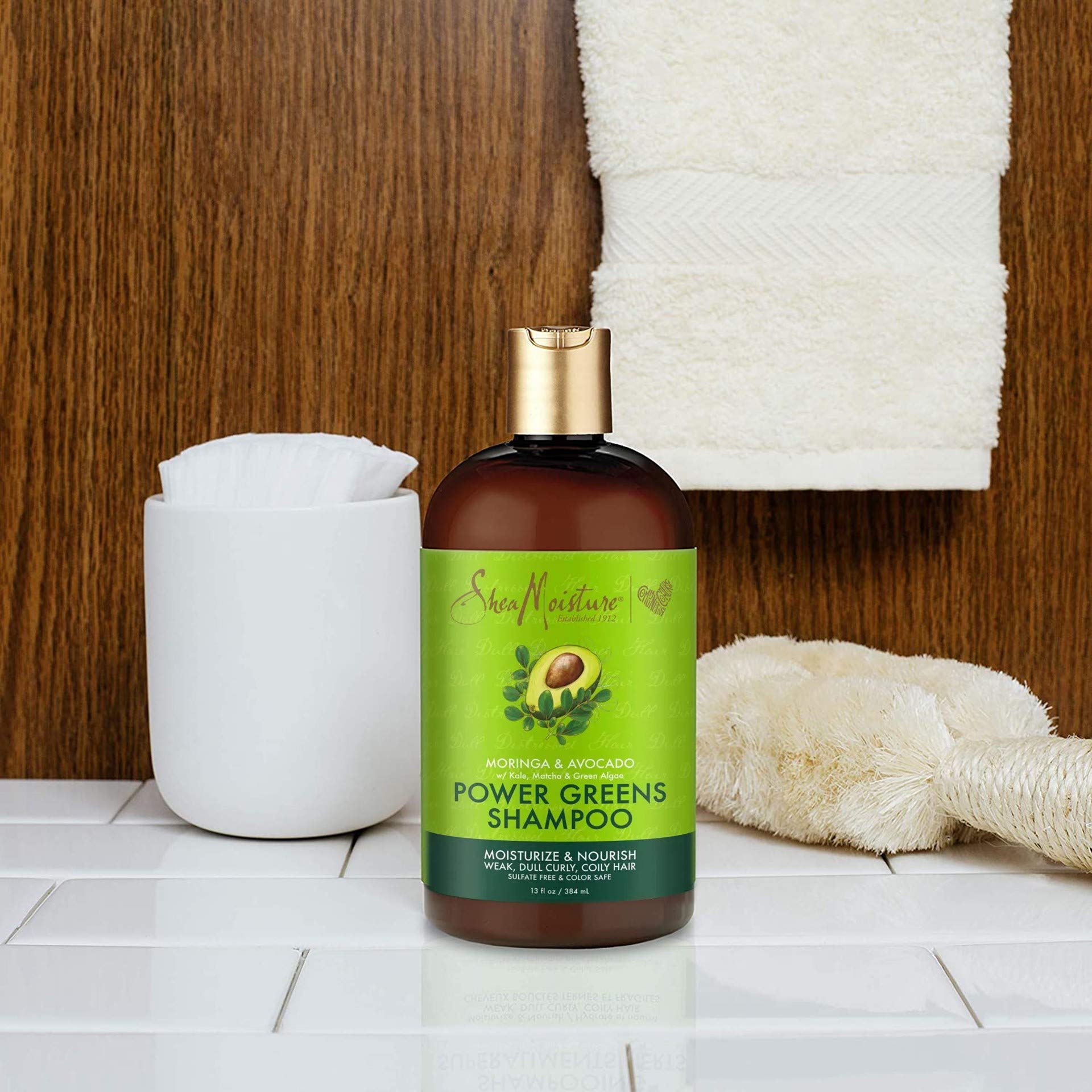 Ingredient collage featuring moringa avocado kale supports moisture.