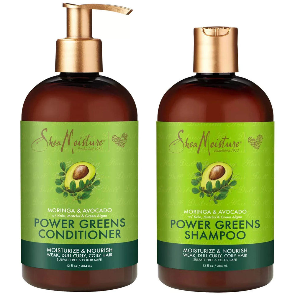 SheaMoisture Power Greens shampoo bottle demonstrates a moisturizing formula for natural curls.