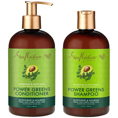 SheaMoisture Power Greens shampoo bottle demonstrates a moisturizing formula for natural curls.