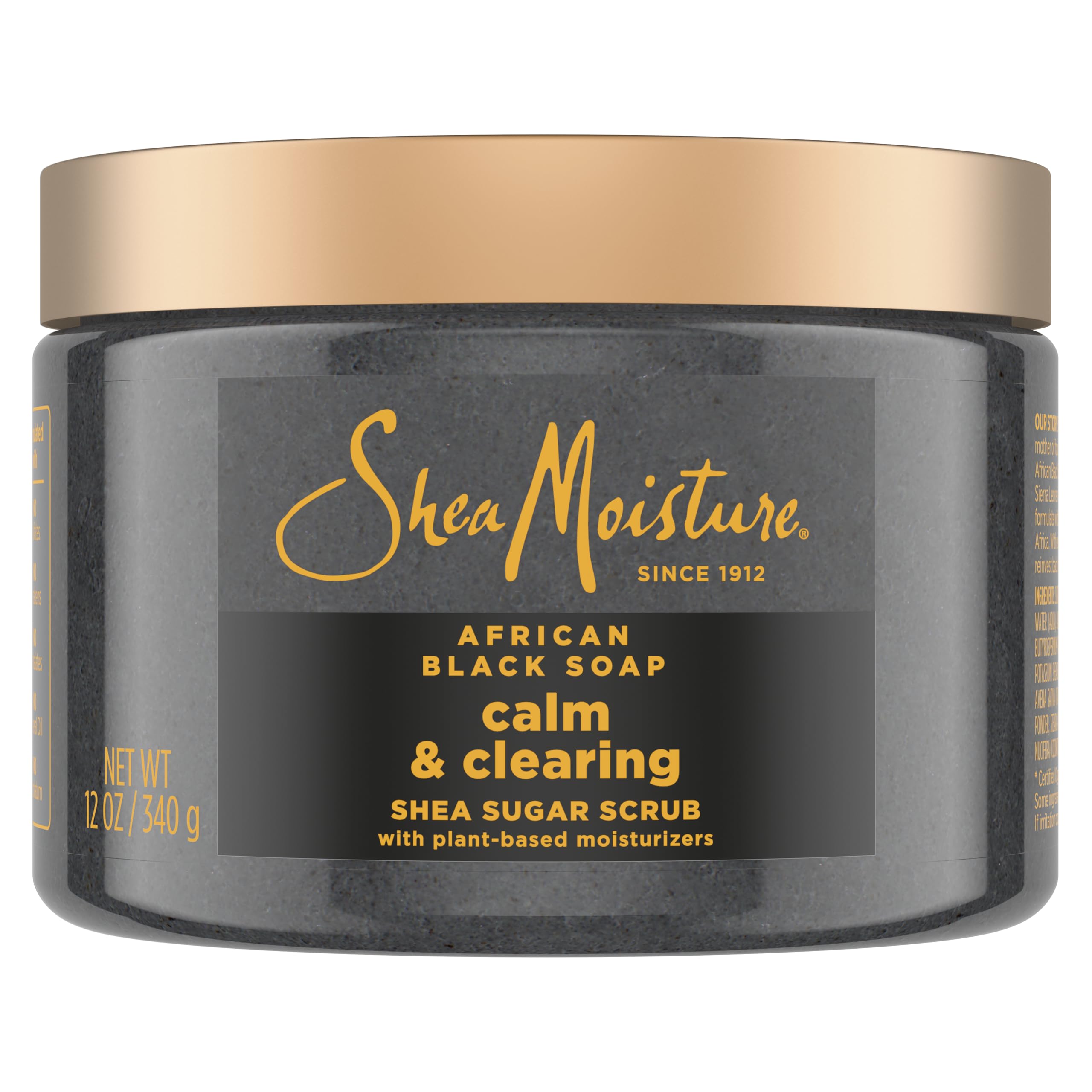 SheaMoisture Sugar Body Scrub African Black Soap jar closeup for nourishing, glowing melanin-rich skin