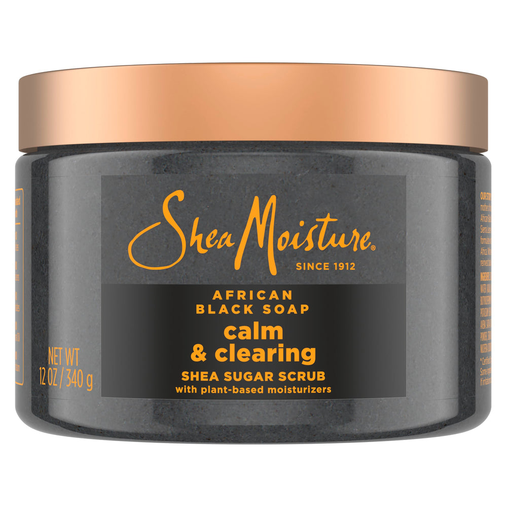 SheaMoisture Sugar Body Scrub African Black Soap jar closeup for nourishing, glowing melanin-rich skin