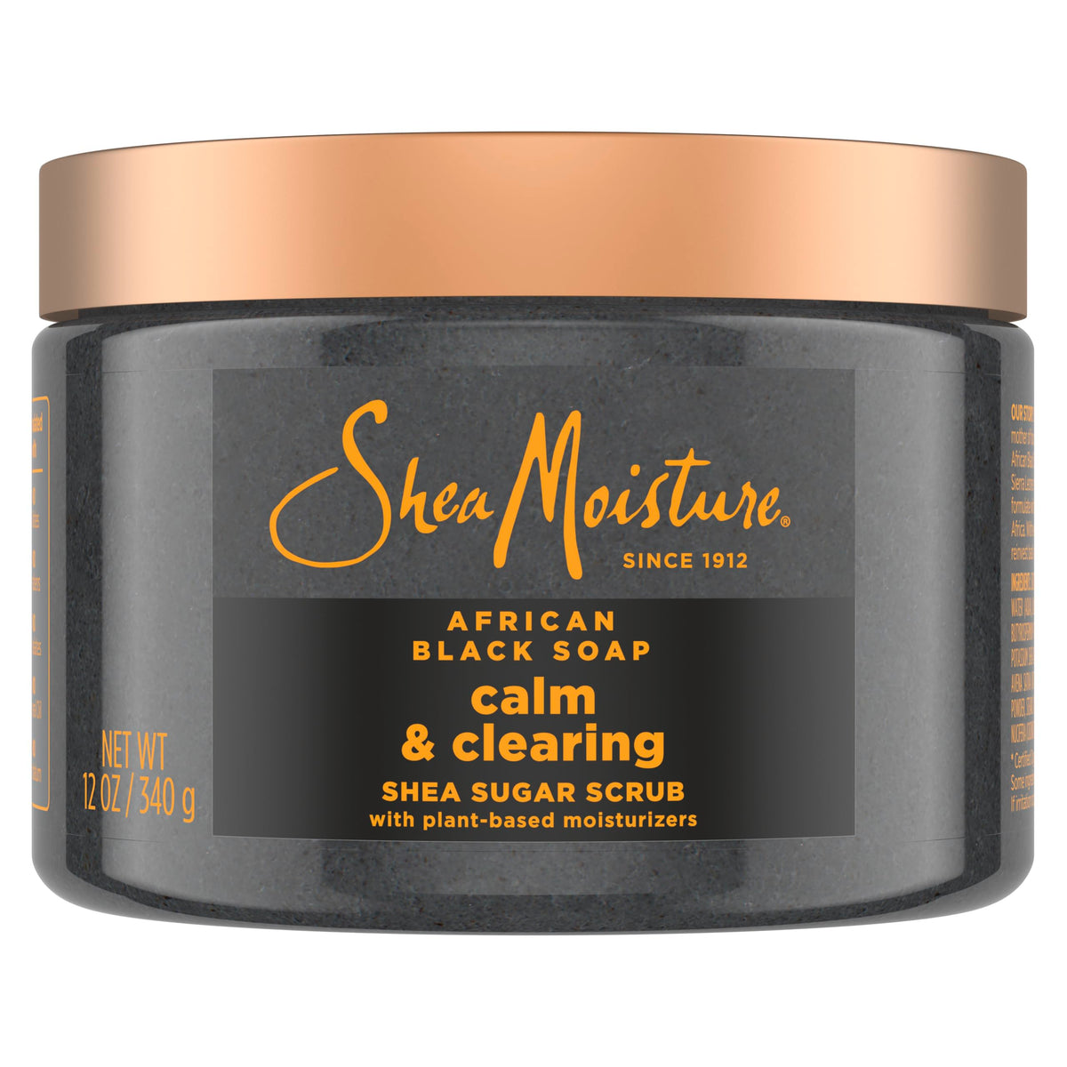 SheaMoisture Sugar Body Scrub African Black Soap jar closeup for nourishing, glowing melanin-rich skin