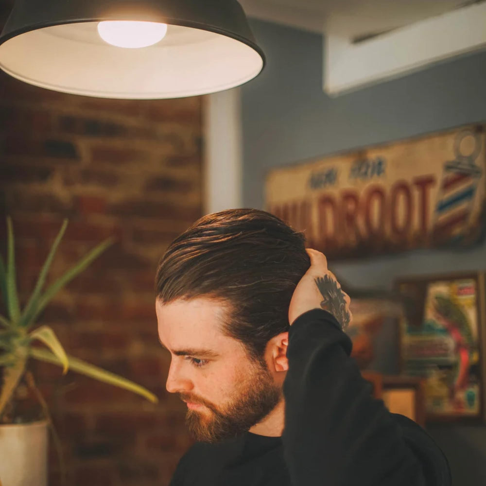 Shear Revival Crystal Lake pomade hair application demonstrates easy restyling with natural finish