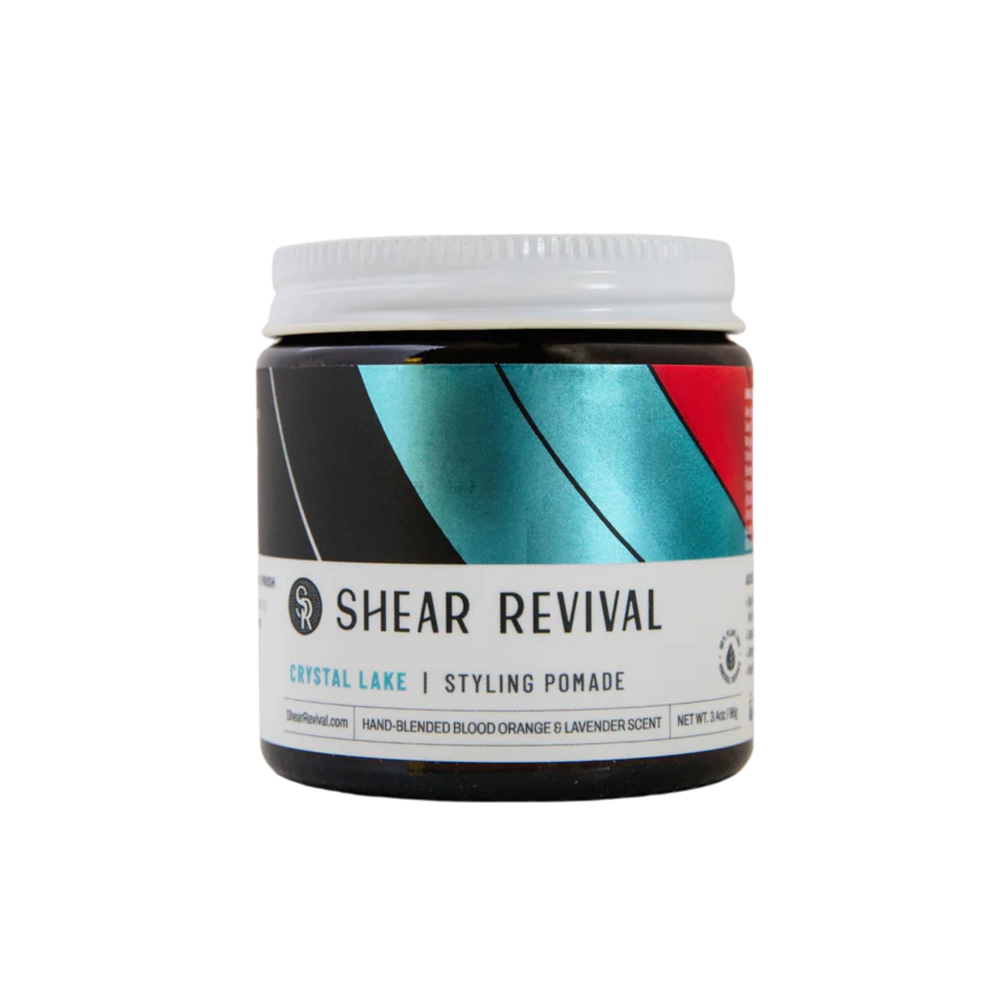 Shear Revival Crystal Lake pomade jar close-up highlighting natural ingredients for smoother styling
