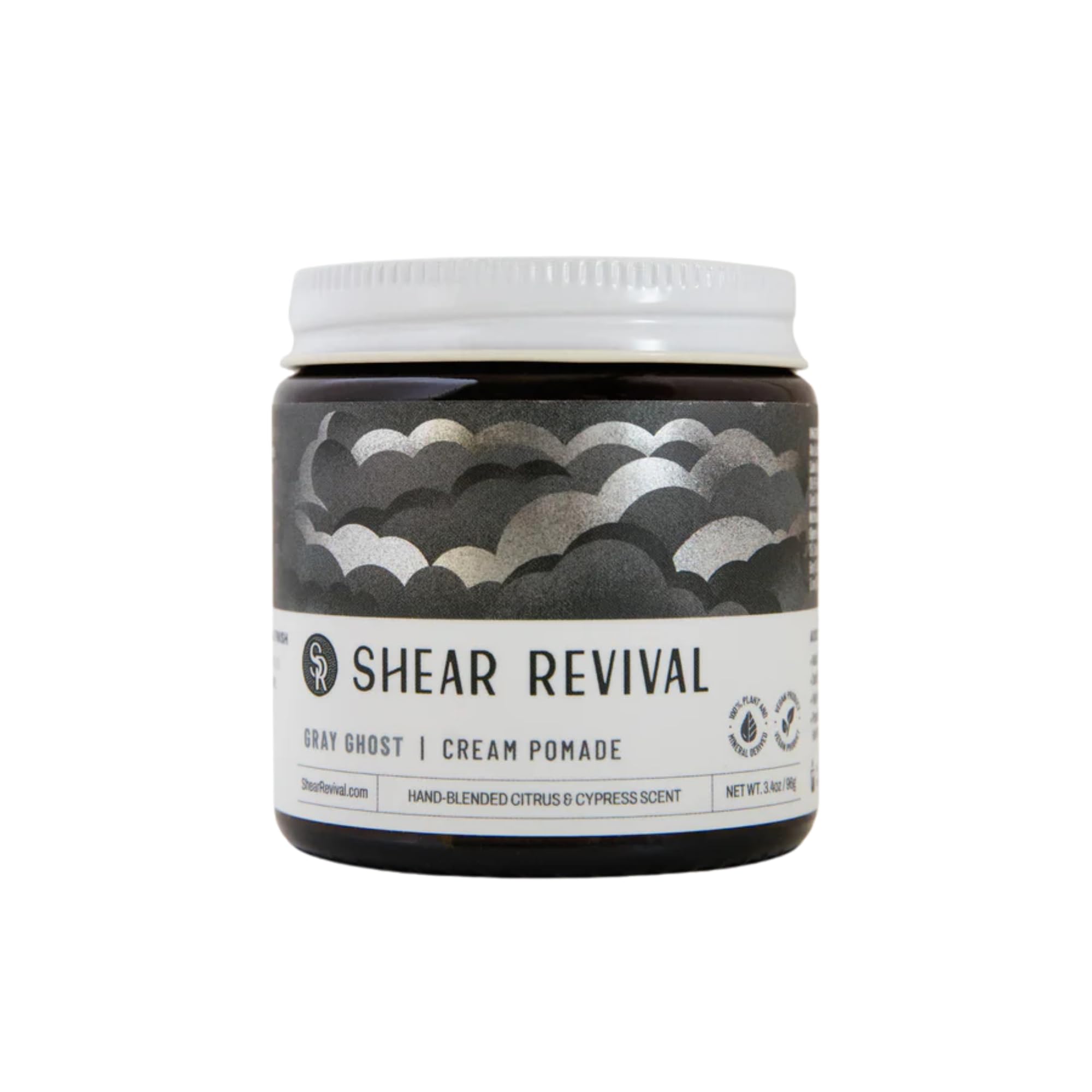 Shear Revival Gray Ghost Cream Pomade in amber glass jar delivers strong hold and matte finish.