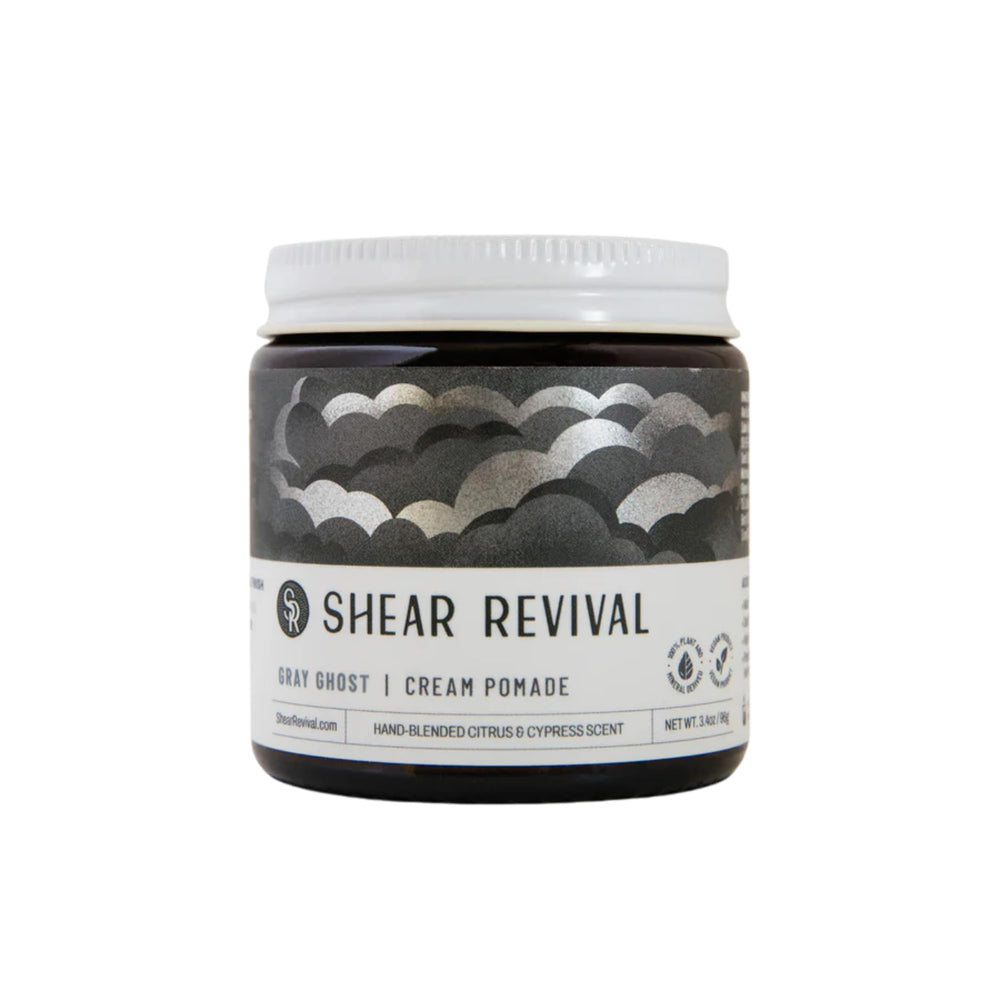 Shear Revival Gray Ghost Cream Pomade in amber glass jar delivers strong hold and matte finish.