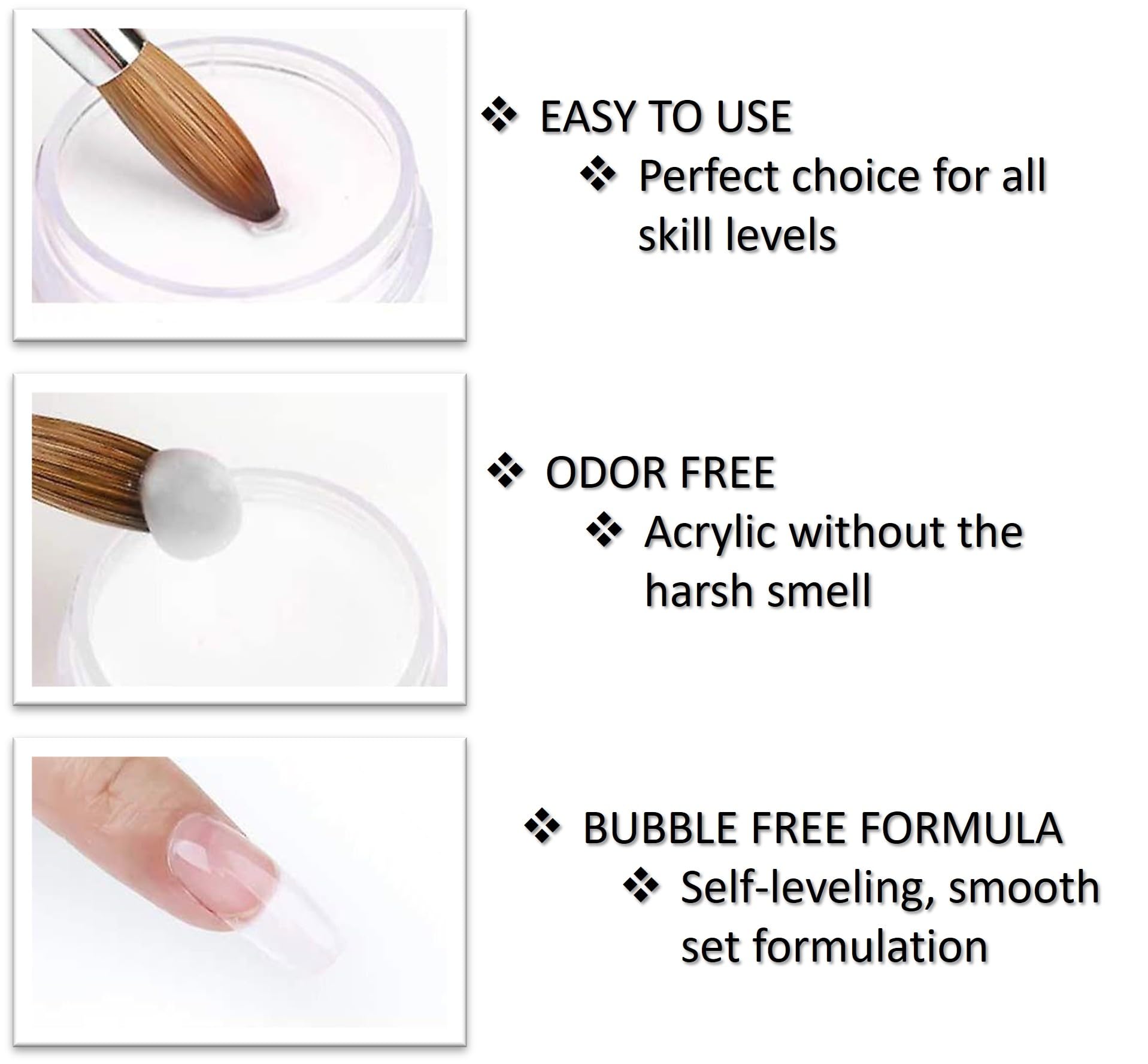 Odorless acrylic set from Sheba Nails with self-leveling, user-friendly flow.