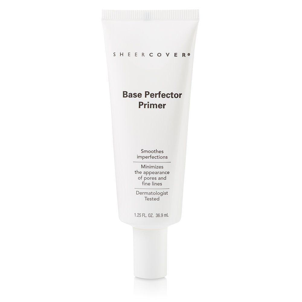 Sheer Cover Base Perfector Primer bottle demonstrates a smoothing base for makeup application.