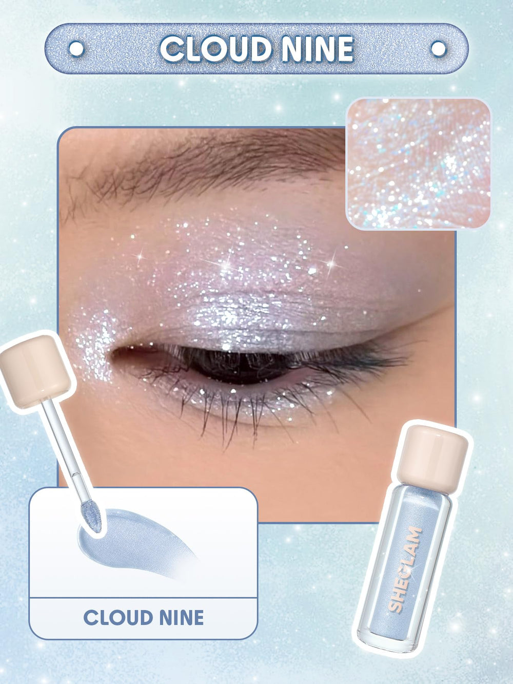 SHEGLAM Airglow Eye Tint Cloud Nine color swatches reveal buildable intensity for day-to-night looks.