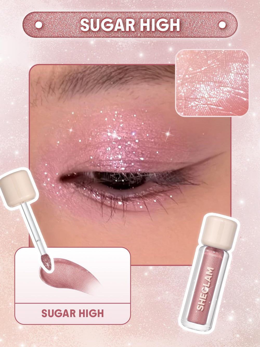SHEGLAM Airglow Eye Tint Sugar High swatch demonstrates buildable color from sheer to bold.