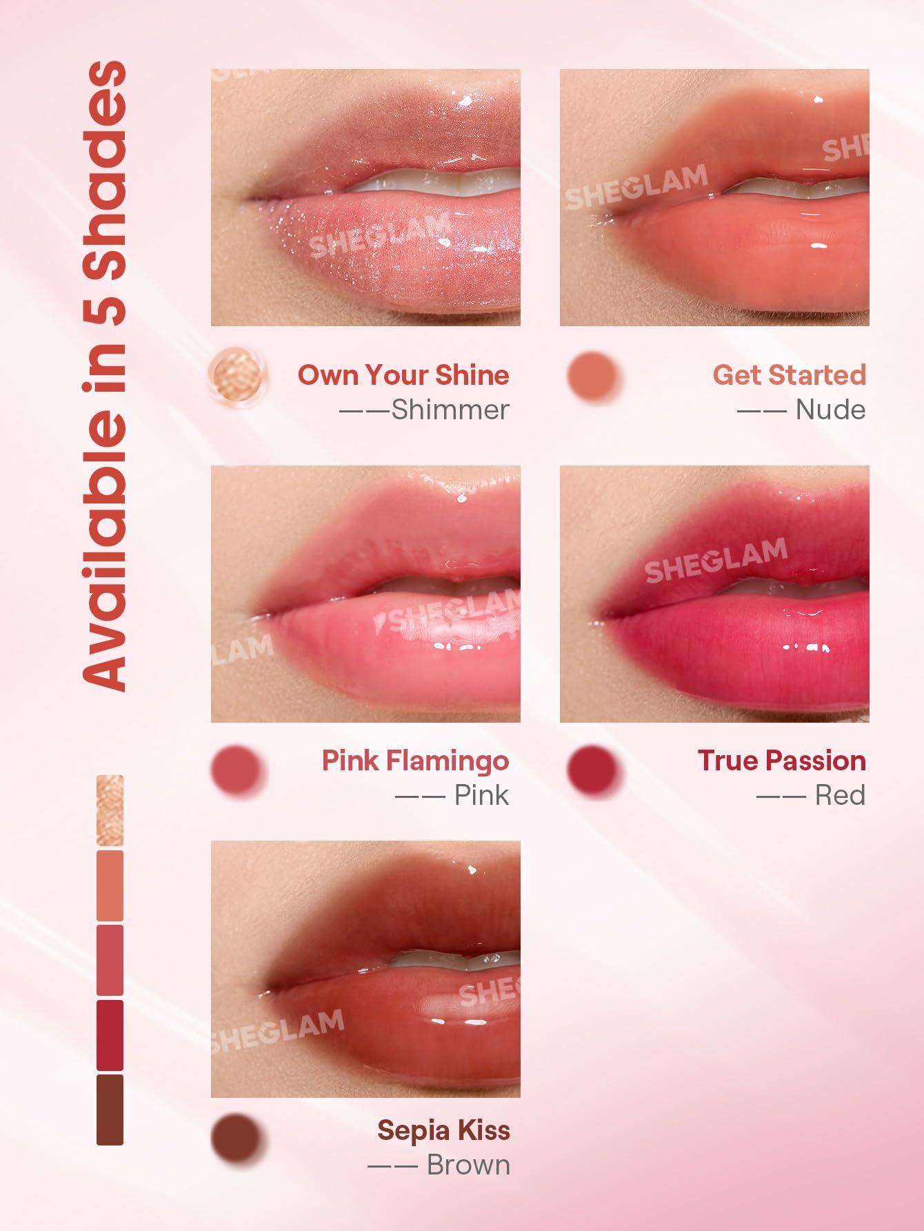 SHEGLAM Booster Shine Sepia Kiss swatch under light shows shimmer and depth
