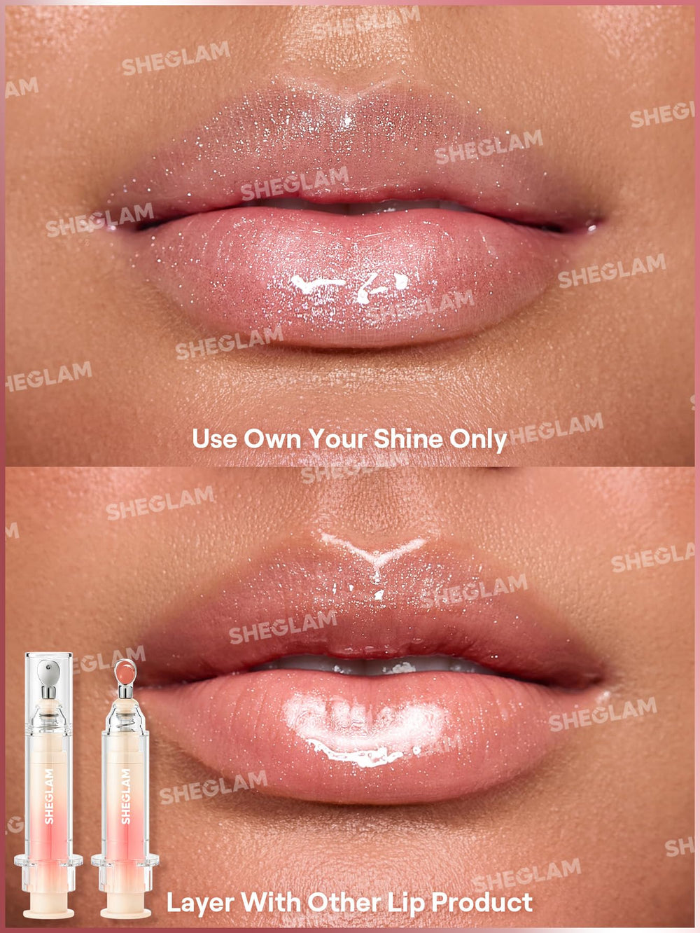 SHEGLAM Booster Shine Sepia Kiss on lips showcases glossy, hydrated wear