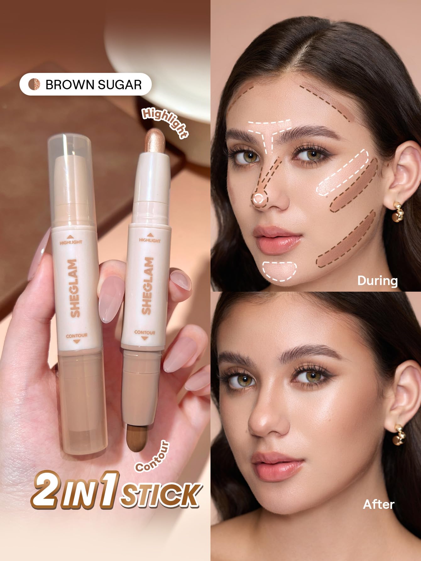 SHEGLAM contour highlight stick Brown Sugar dual-ended precision for contour and highlight