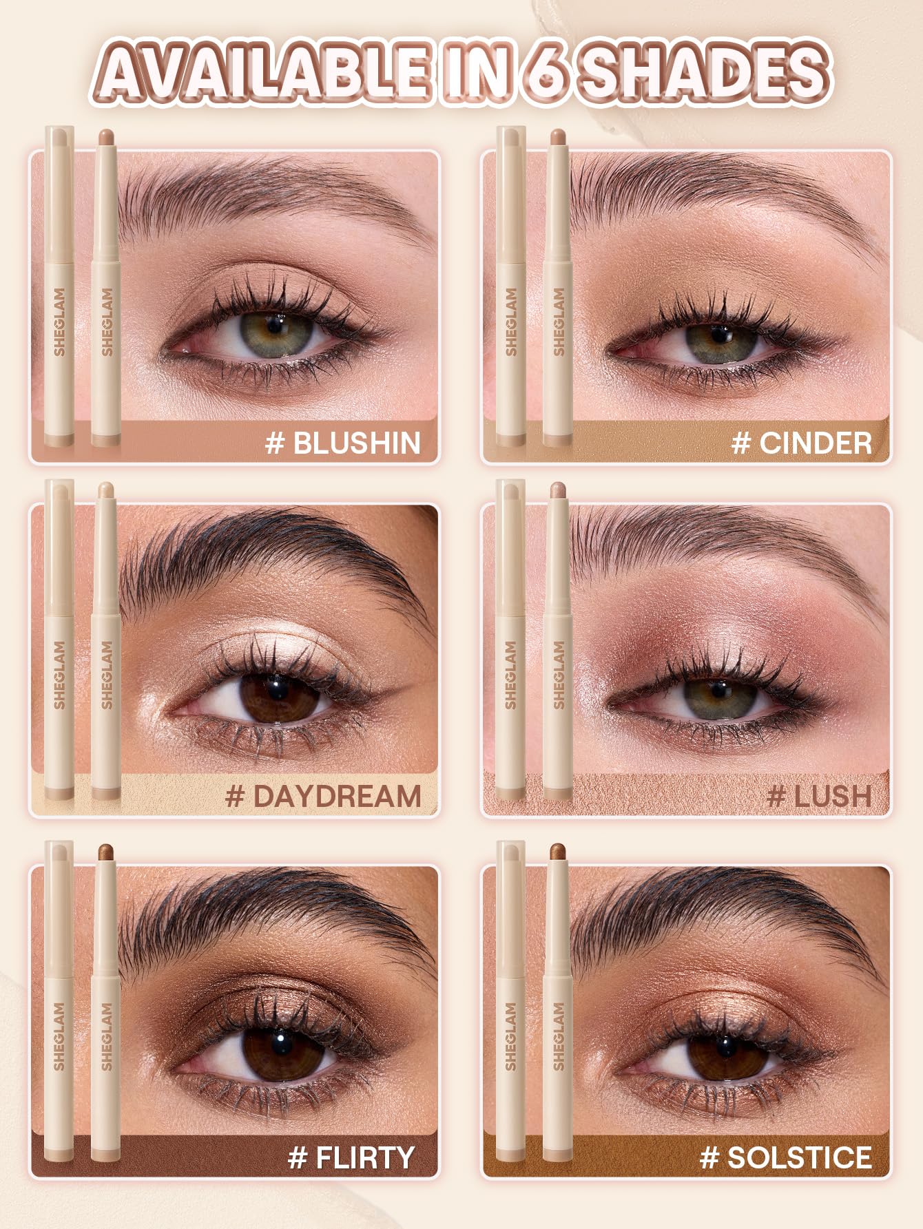 SHEGLAM Creamsicle Eyeshadow Stick six-shade collection offers wearable neutrals for any look.