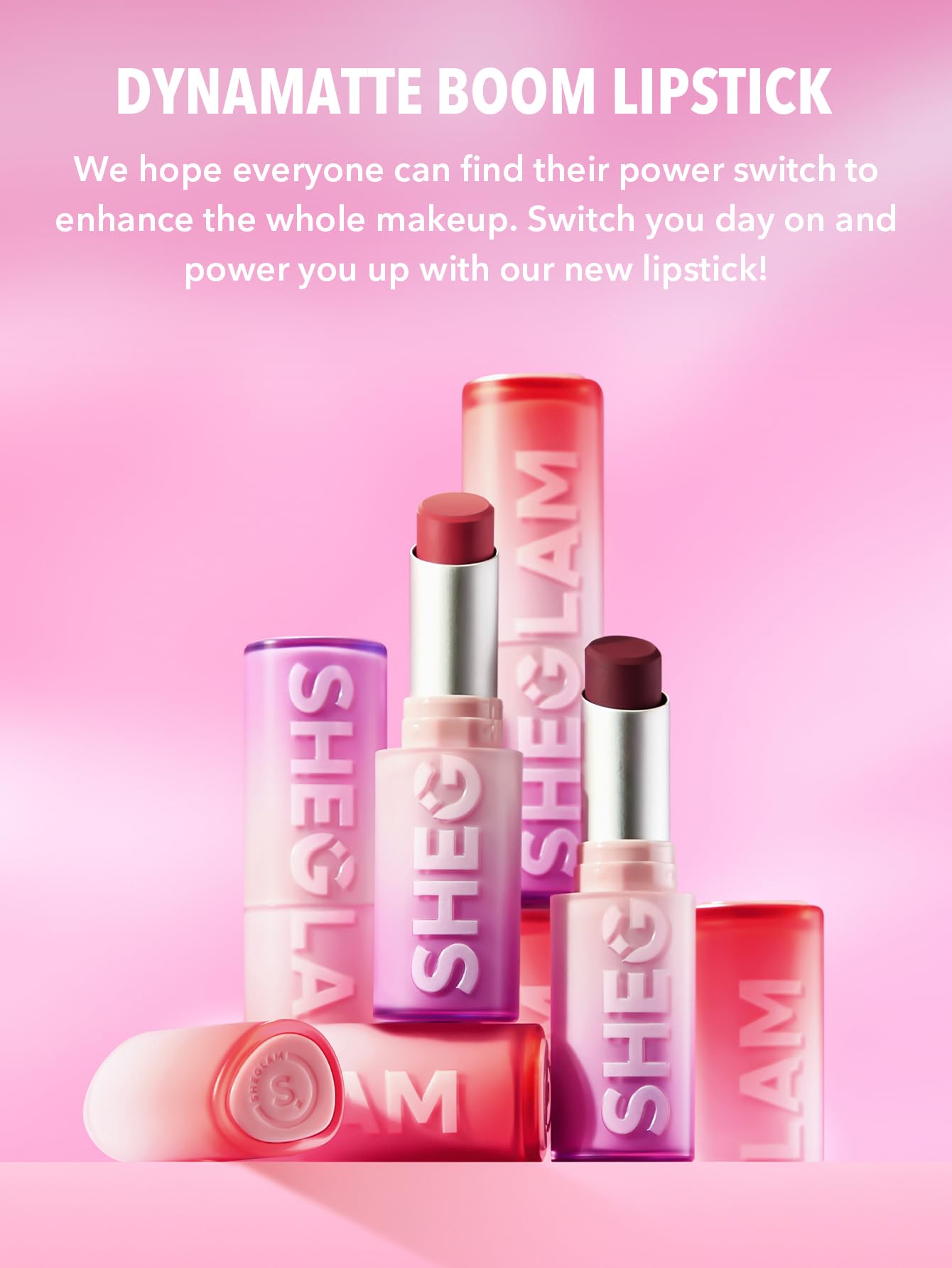 SHEGLAM Dynamatte Boom packaging closeup features sleek design and secure cap.