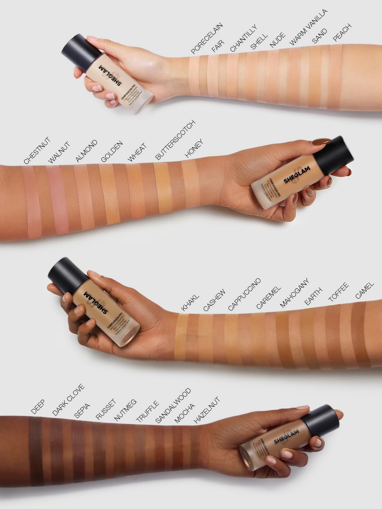 SHEGLAM foundation packaging box highlights range and brand.