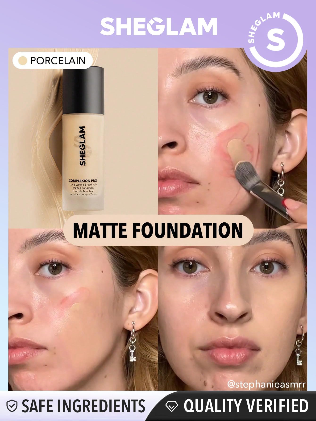 SHEGLAM foundation swatches porcelain show buildable, semi-matte finish.