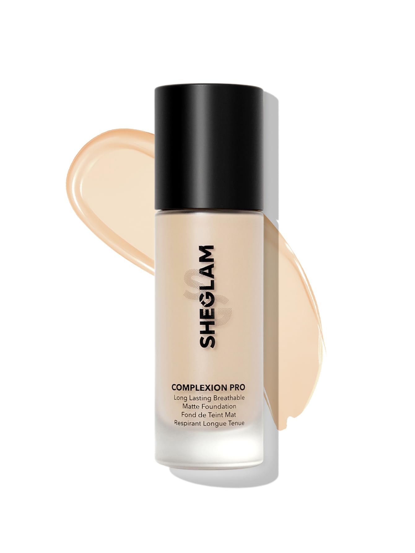 SHEGLAM full-coverage foundation bottle in porcelain for long-lasting, breathable one-step coverage.