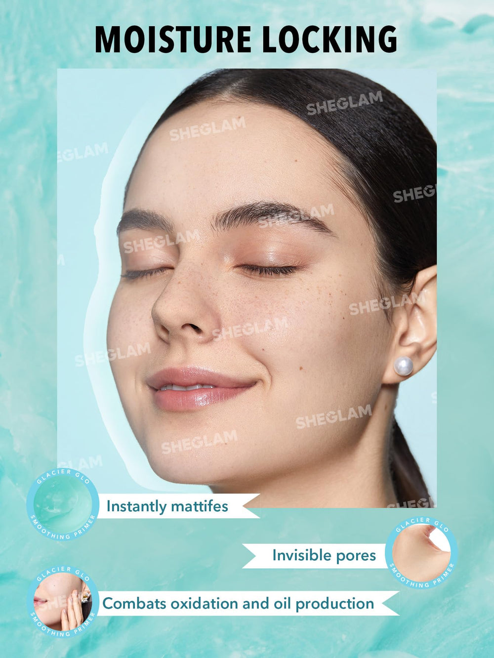 SHEGLAM Glacier Glo Primer texture close-up reveals a cooling, water-based gel.