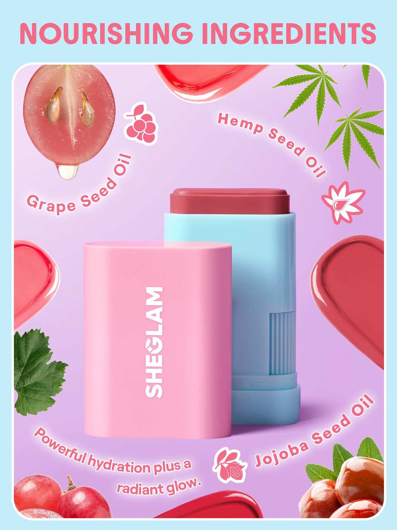 SHEGLAM Glass Glow Blush Stick closeup showing skin-nourishing hydration