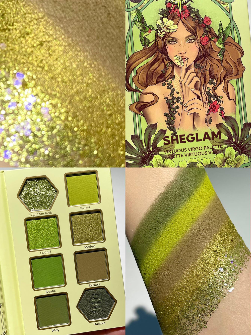 SHEGLAM Glitter Metallic Eyeshadow Palette Virtuous Virgo glitter shades offer luminous daytime looks.