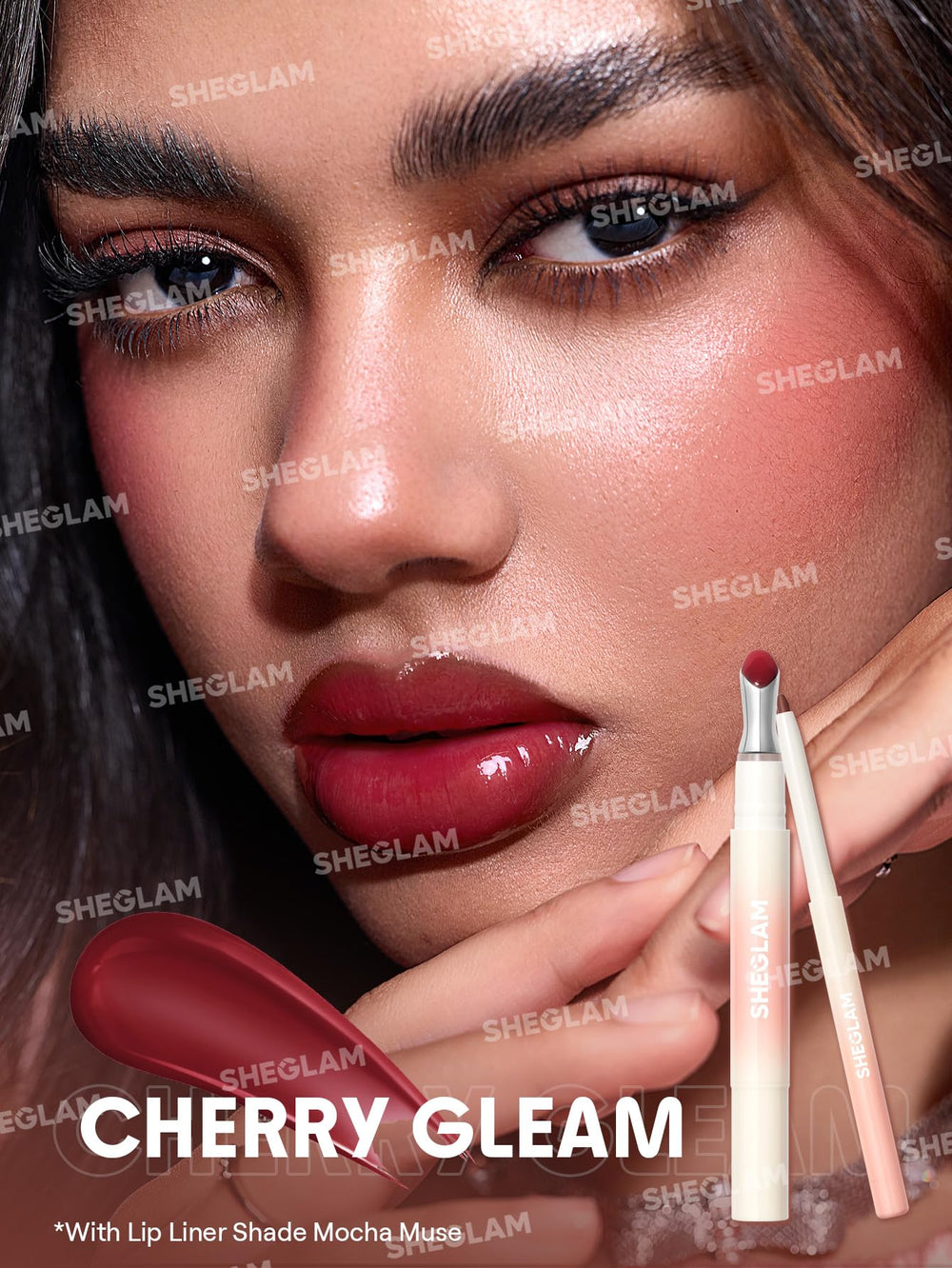 SHEGLAM Lip Gloss Cherry Gleam pairs with Bold Booster liner for coordinated look