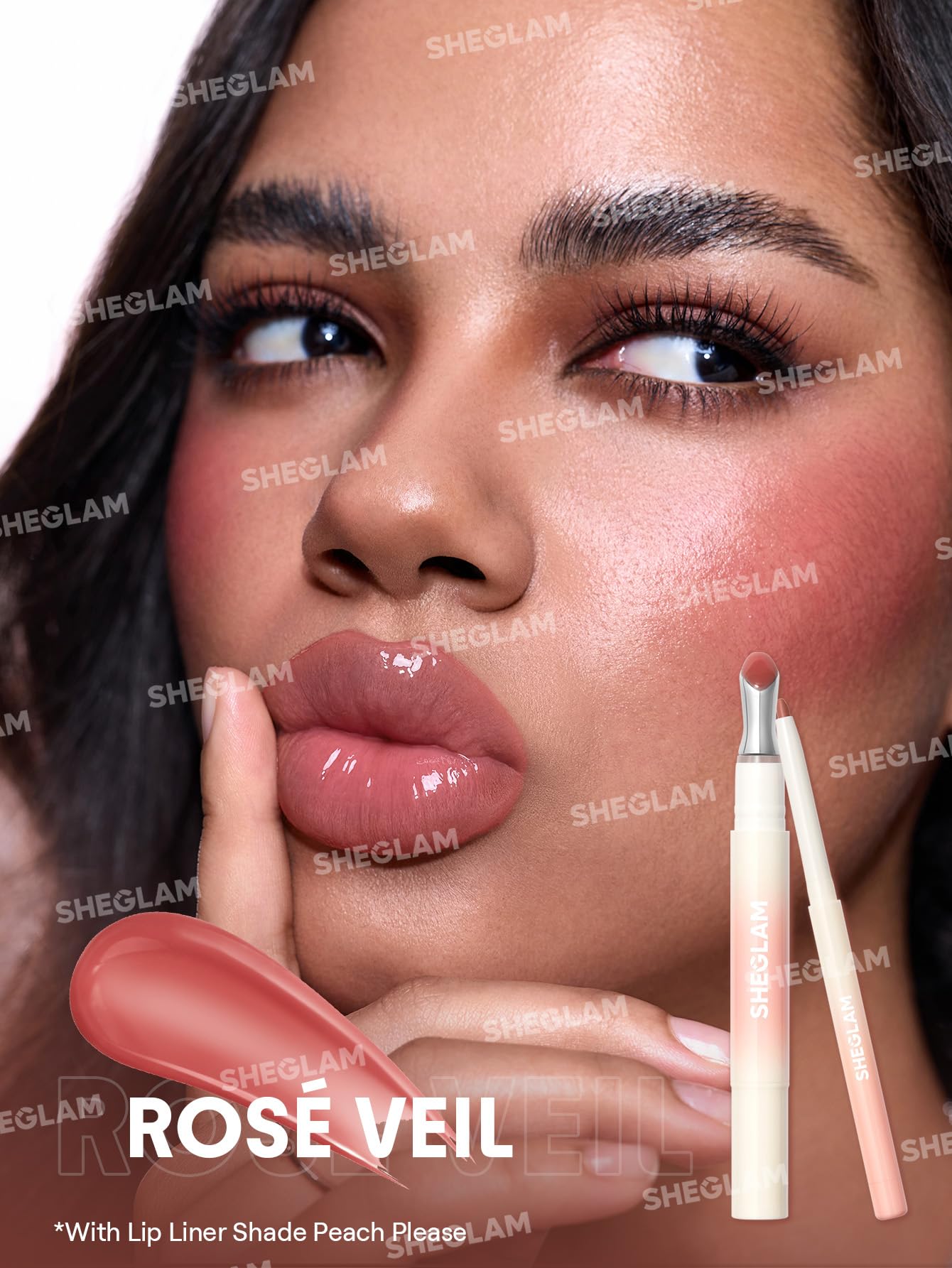 SHEGLAM Rose Veil hyaluronic imagery emphasizes hydration and smooth lip surface.