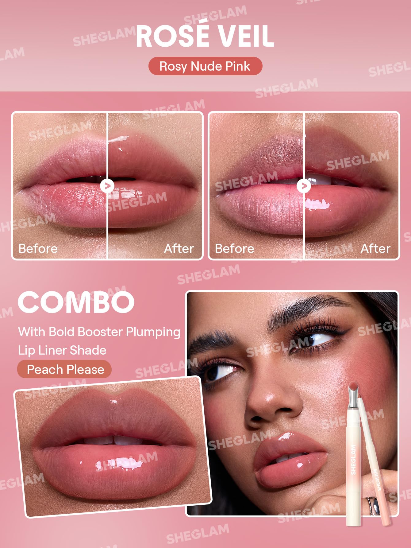 SHEGLAM Rose Veil on lips demonstrates glossy, plump-looking result with comfortable wear.