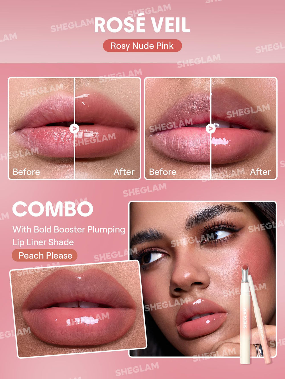 SHEGLAM Rose Veil on lips demonstrates glossy, plump-looking result with comfortable wear.