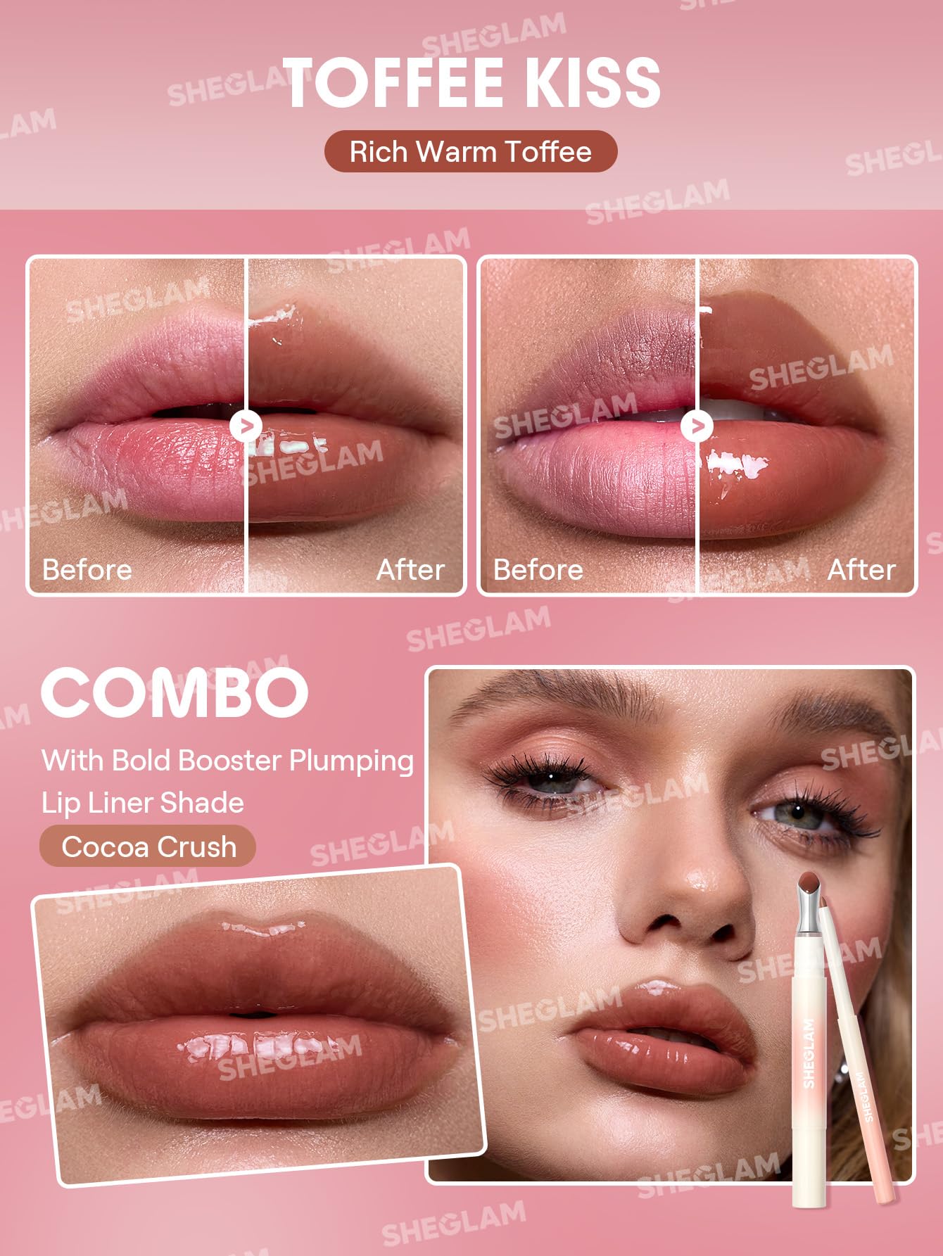 SHEGLAM Hydrating Lip Gloss Toffee Kiss packaging with Leaping Bunny cruelty-free badge