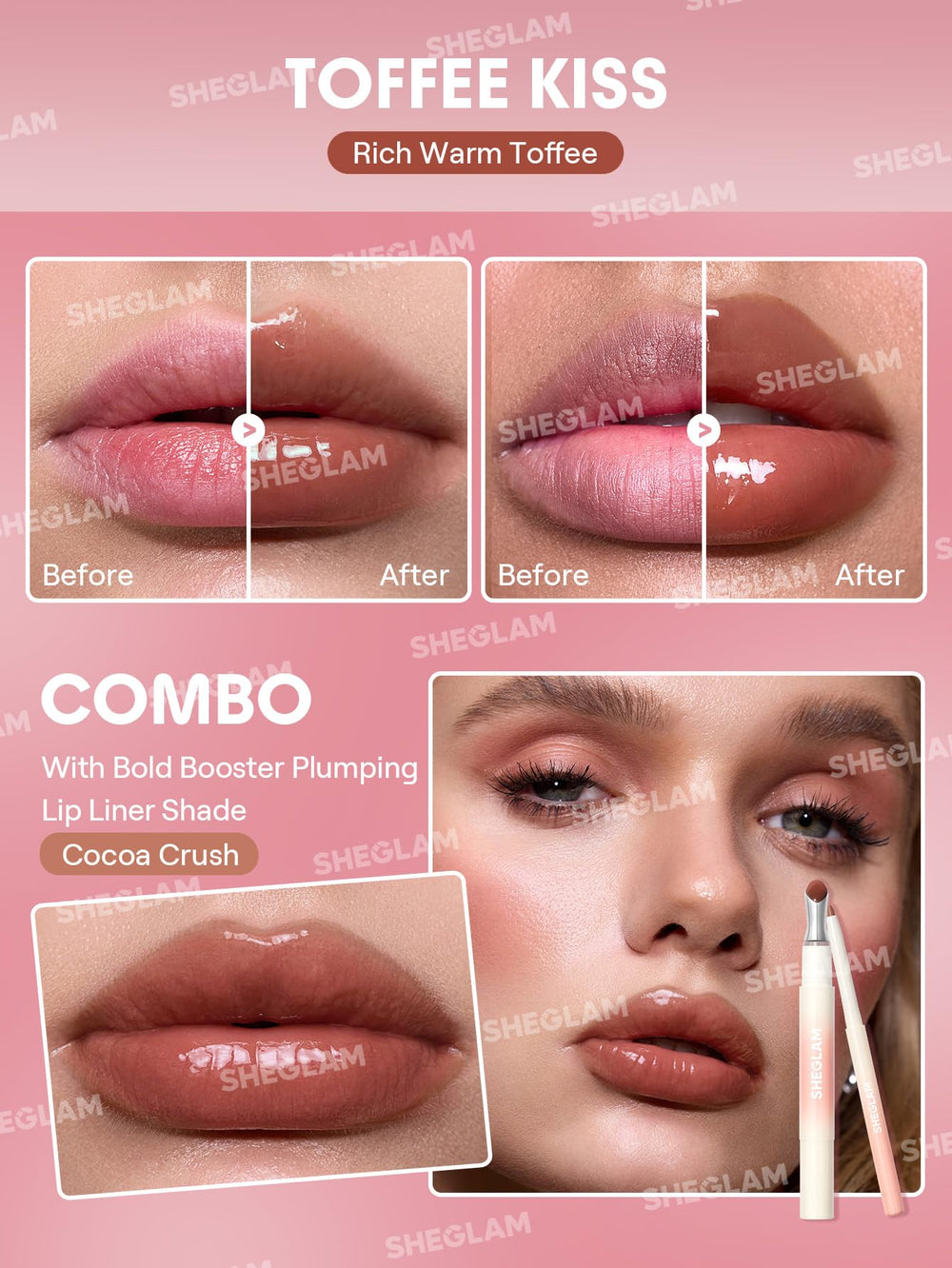SHEGLAM Hydrating Lip Gloss Toffee Kiss packaging with Leaping Bunny cruelty-free badge