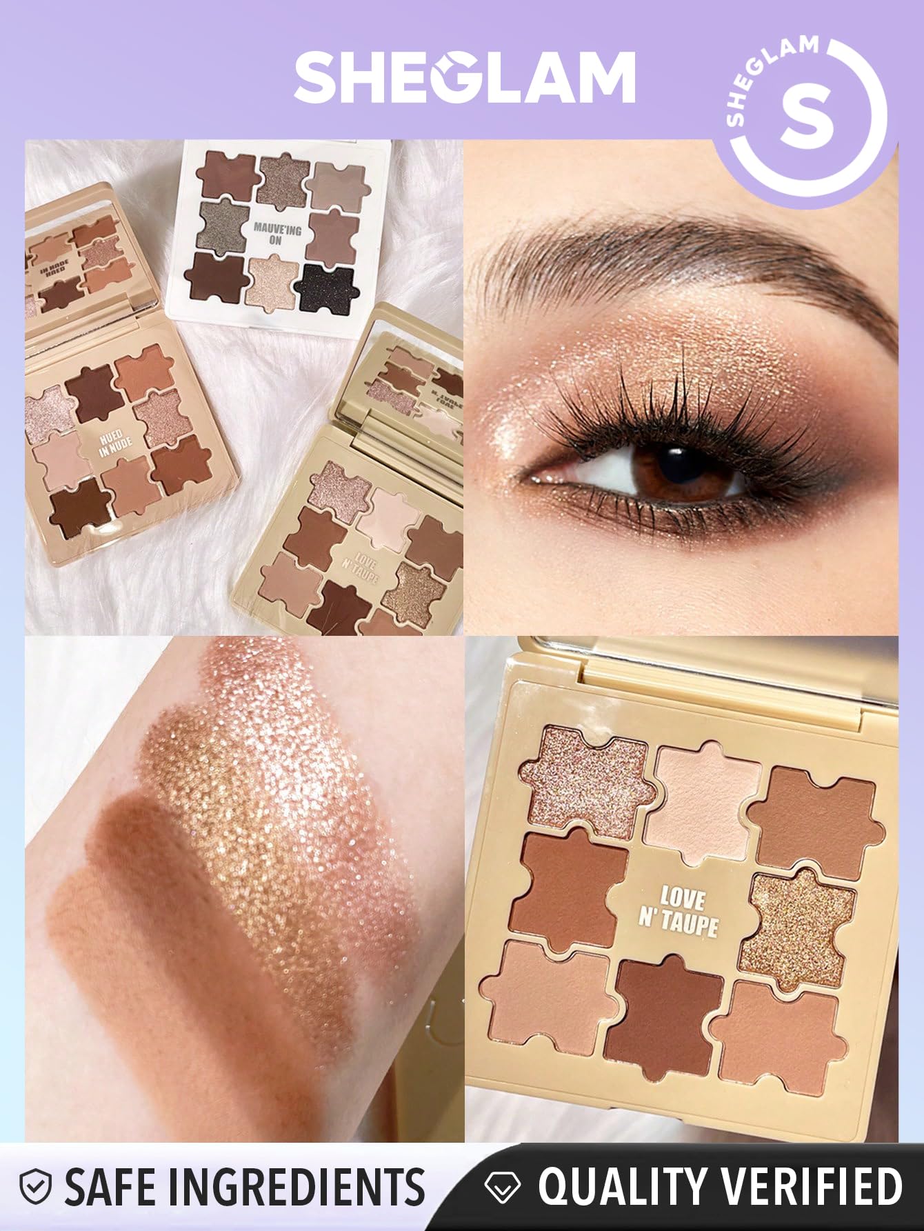 SHEGLAM Jazy Jigsaw palette open reveals eight shades with silky textures for blending.