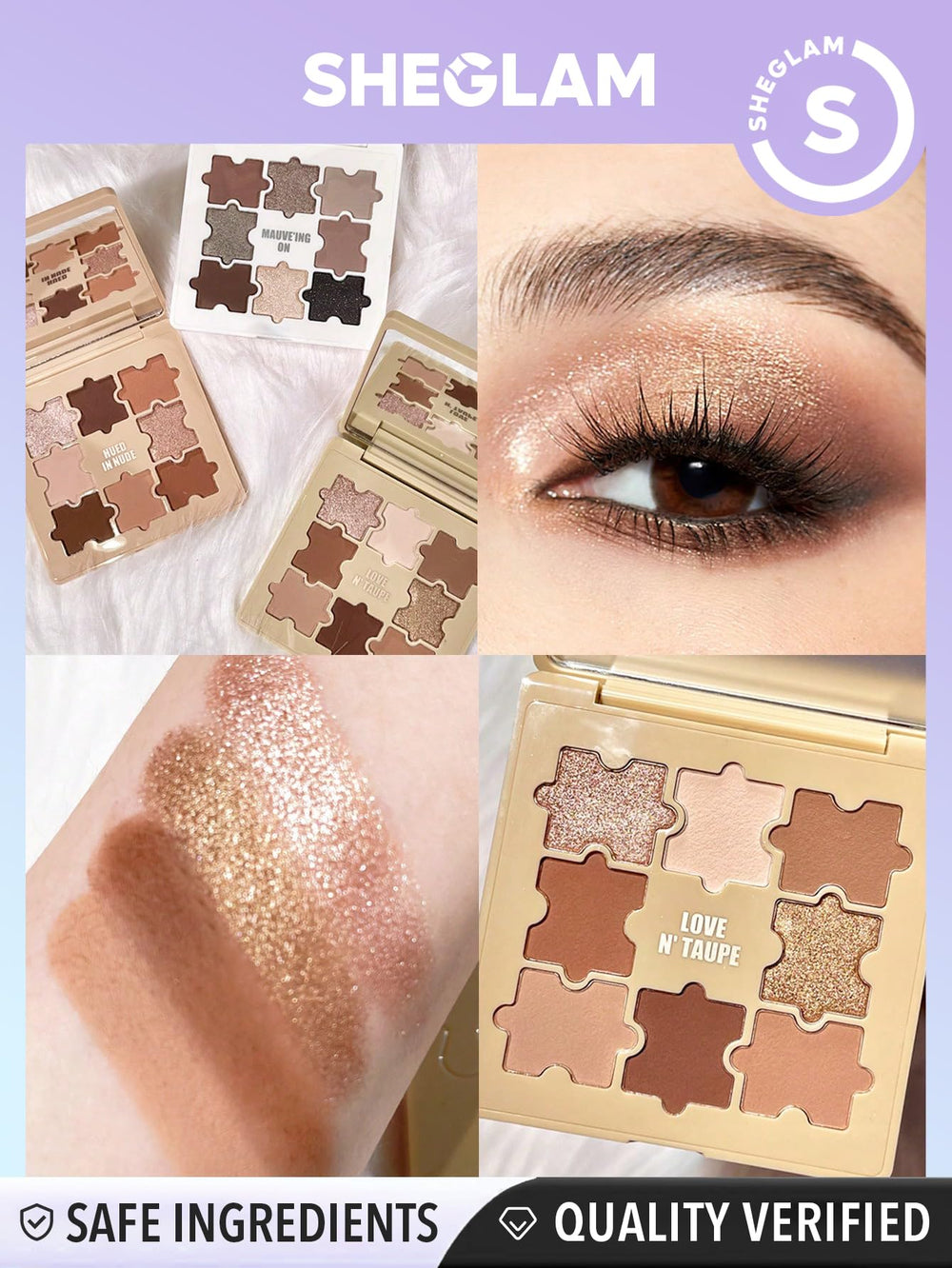 SHEGLAM Jazy Jigsaw palette open reveals eight shades with silky textures for blending.