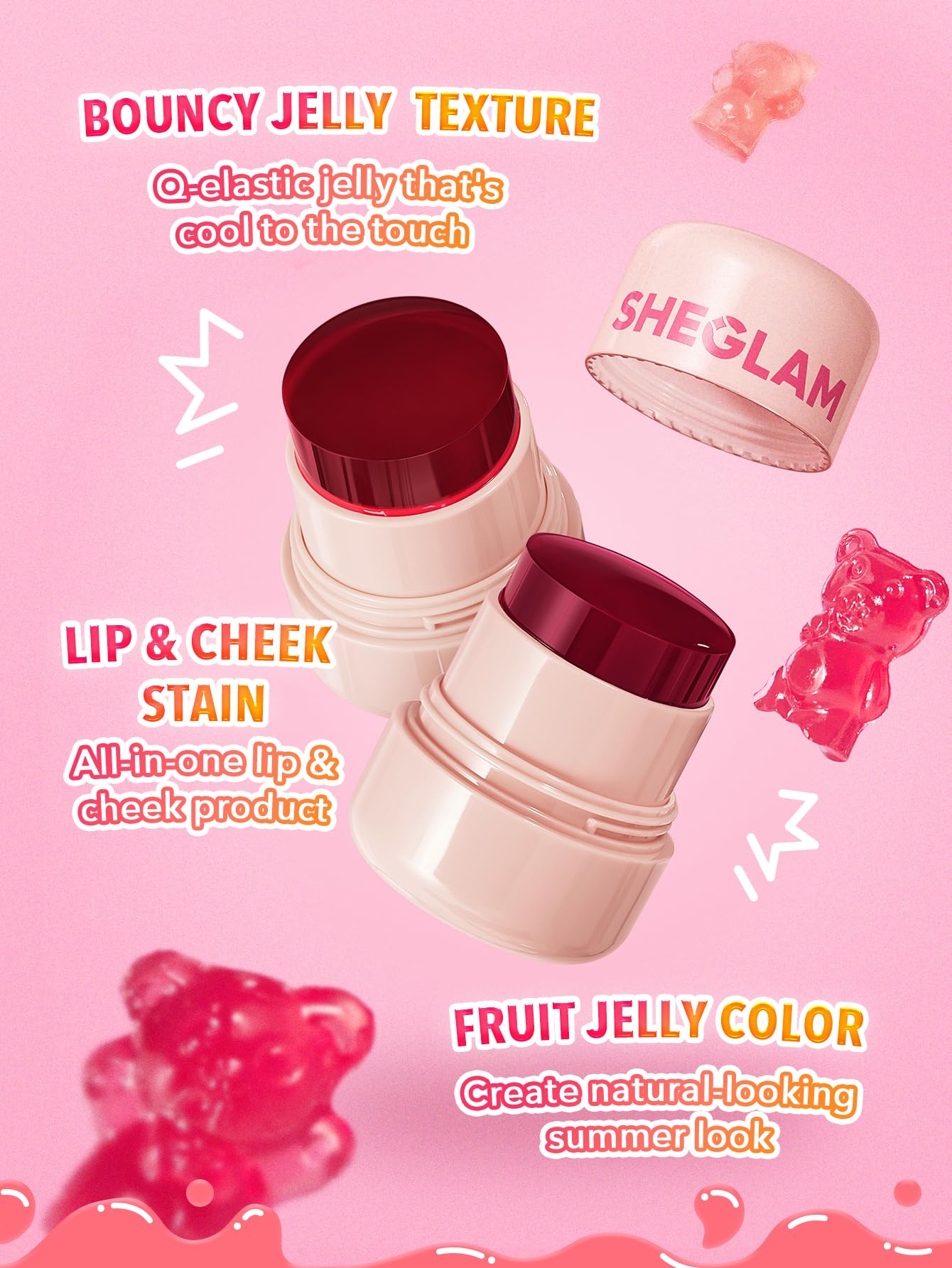 SHEGLAM Jelly-Licious Glossy Finish on lips for a dewy look.