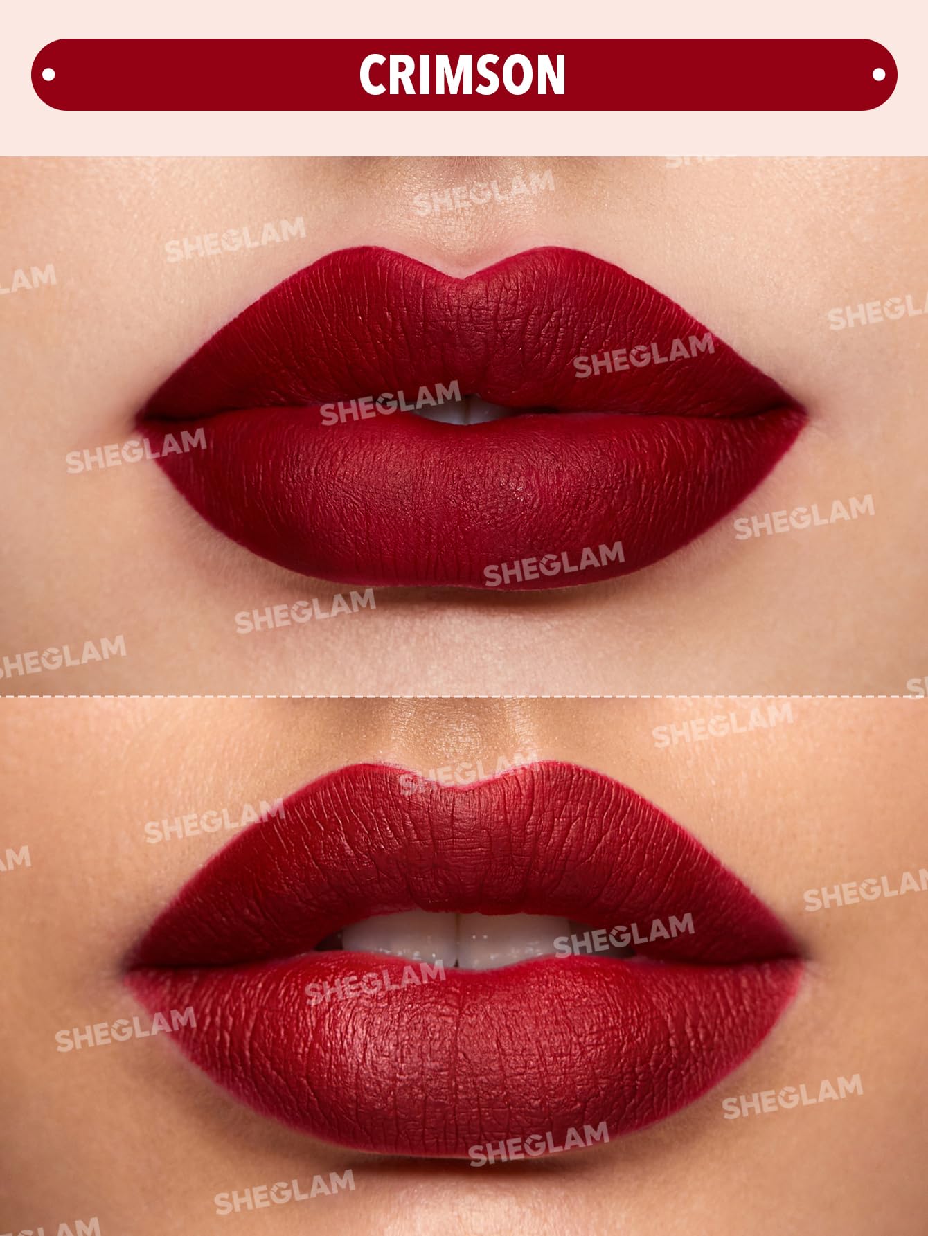 SHEGLAM Matte Allure lipstick swatch Crimson on skin highlights bold shade and long-lasting potential.