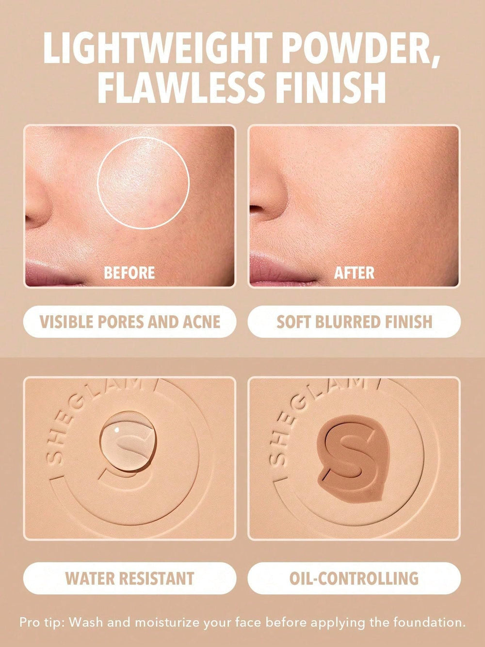 SHEGLAM Skin-Focus soft-focus close-up highlighting pore minimization and natural look