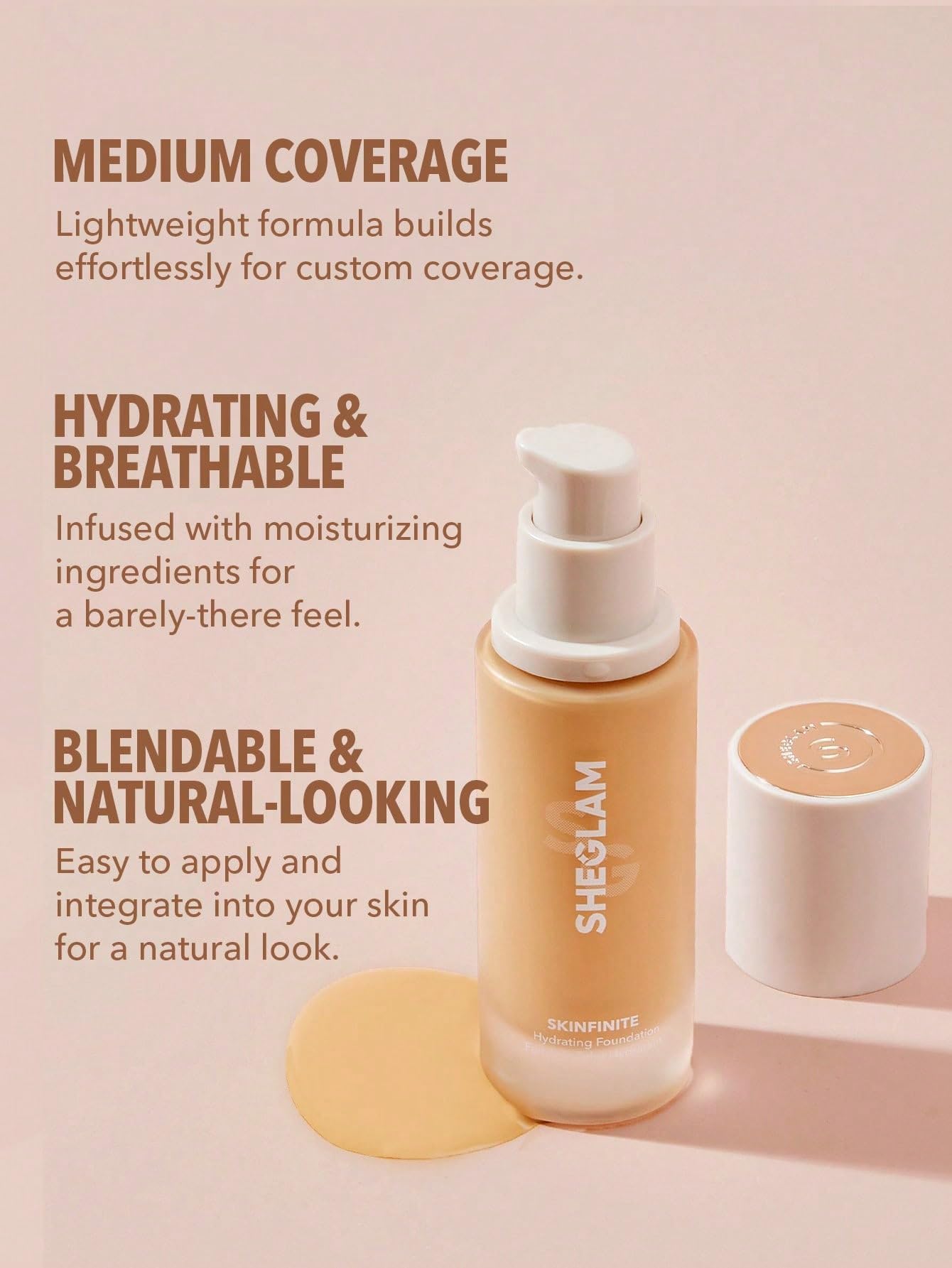SHEGLAM Skinfinite dewy finish application delivers hydrating glow for day-to-evening.