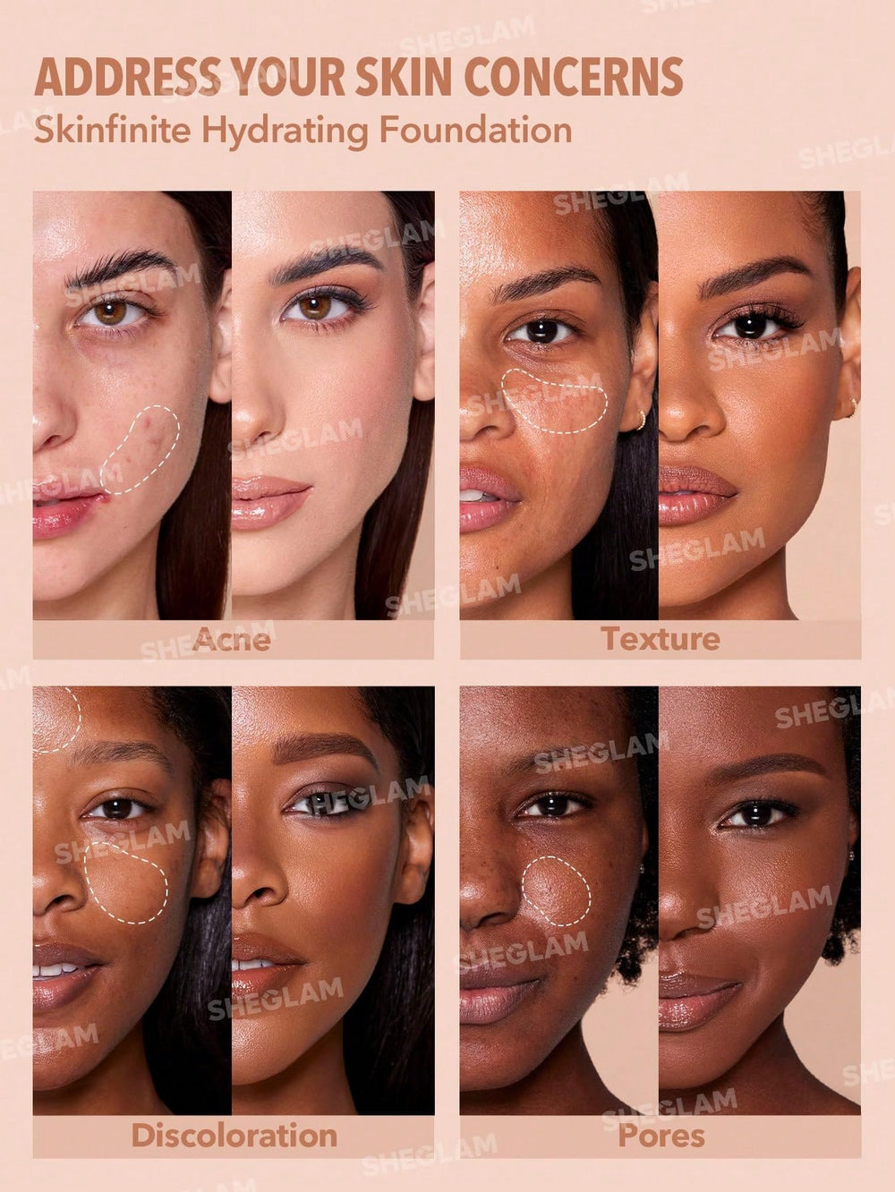 SHEGLAM Skinfinite natural glow swatches illustrate skin-like medium coverage.
