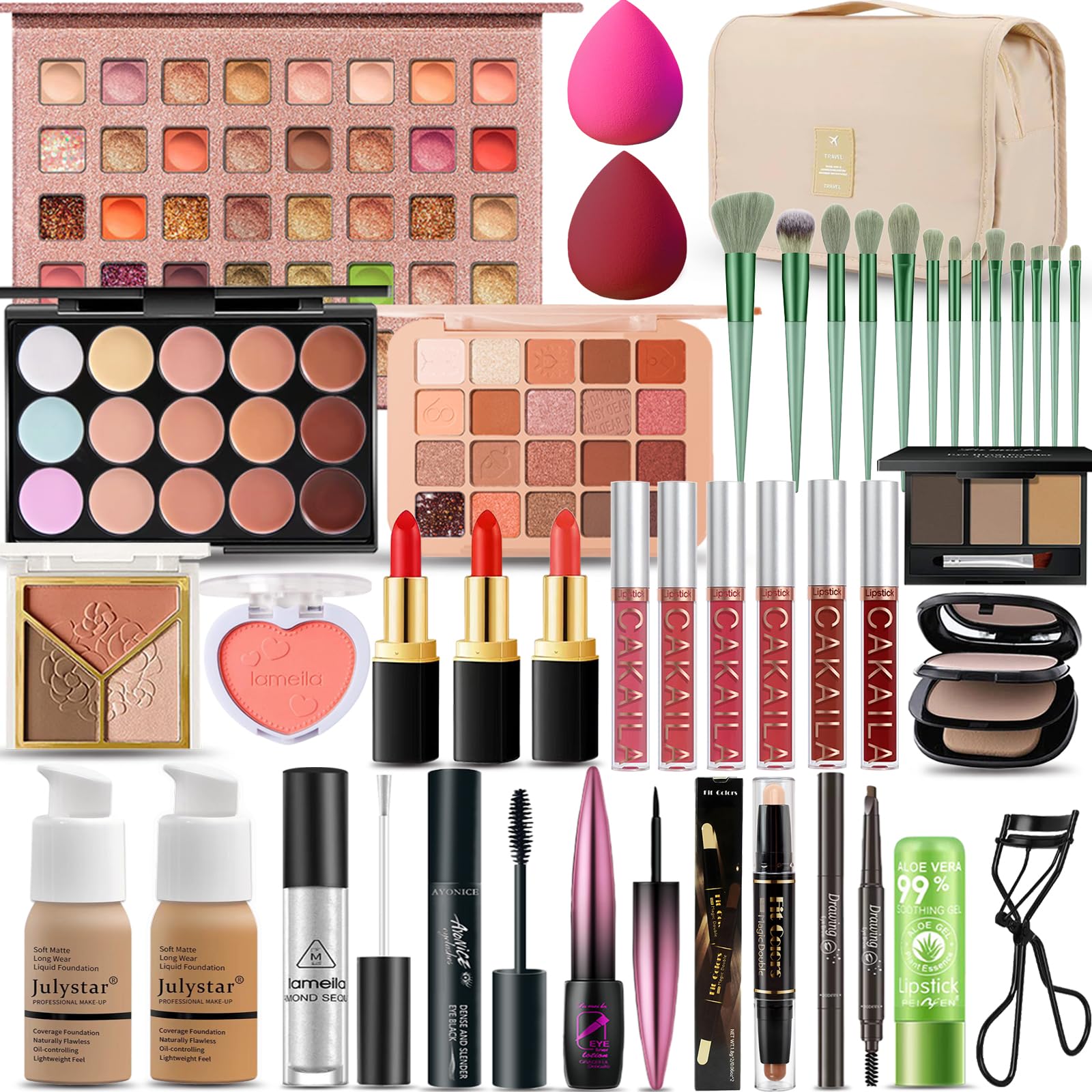 SHELAKIN all-in-one kit with 40-color eyeshadow palette for versatile looks.