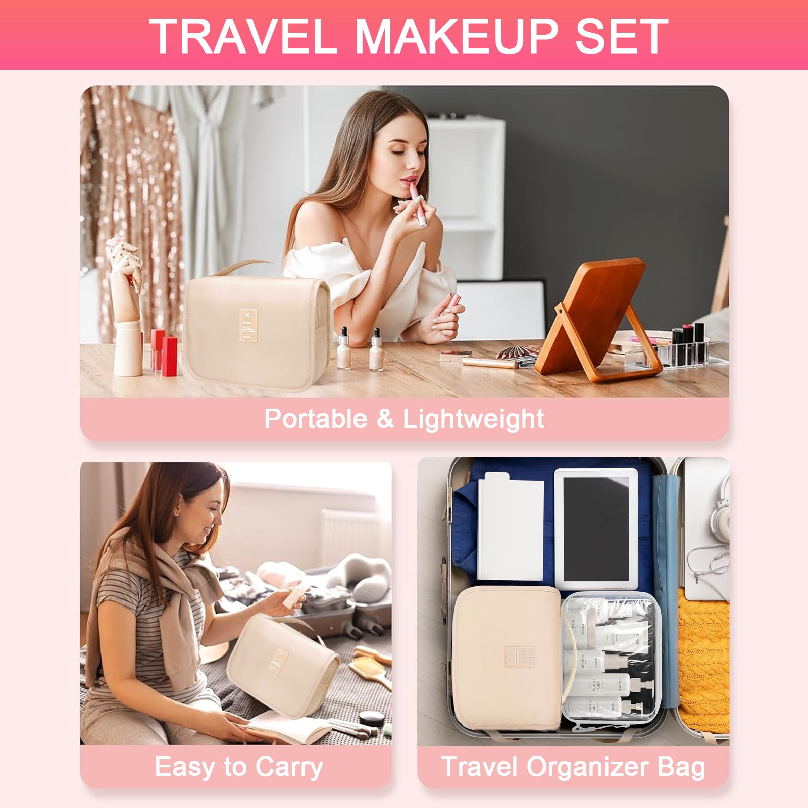 SHELAKIN makeup brushes and cosmetic bag keep essentials organized during travel.