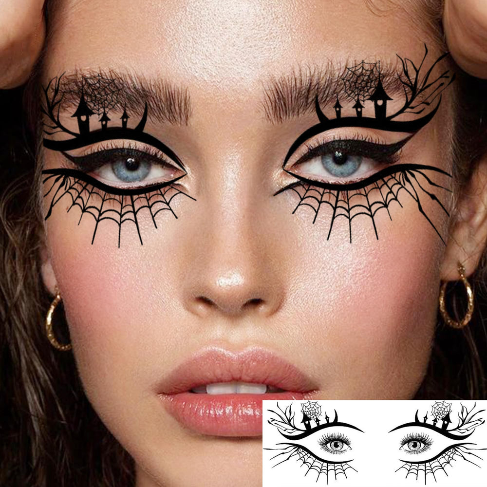 SHELYEXIEN spider-web eyeliner tattoo creates dramatic eye accents.