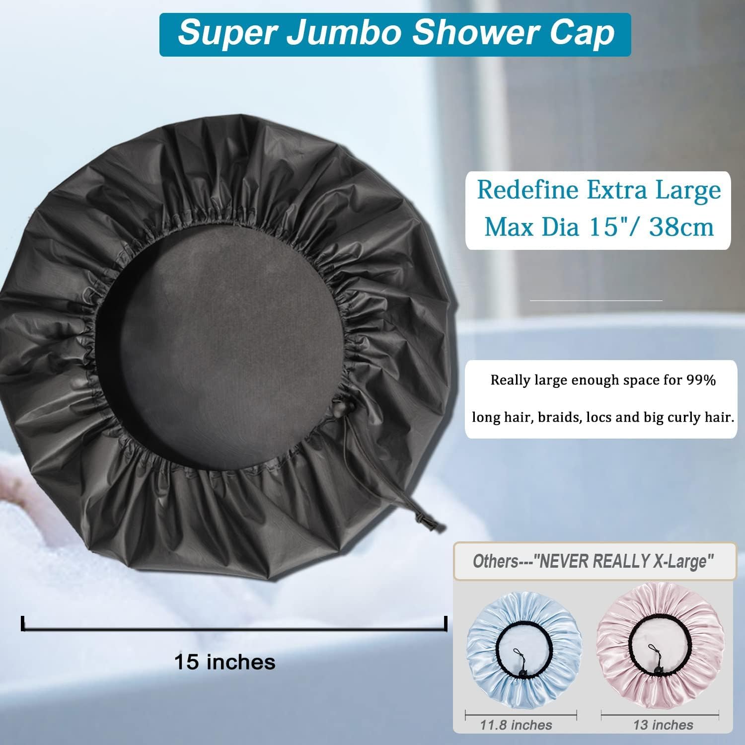 SHEOMERN shower cap satin lining inner soft helps prevent friction and frizz during washes.