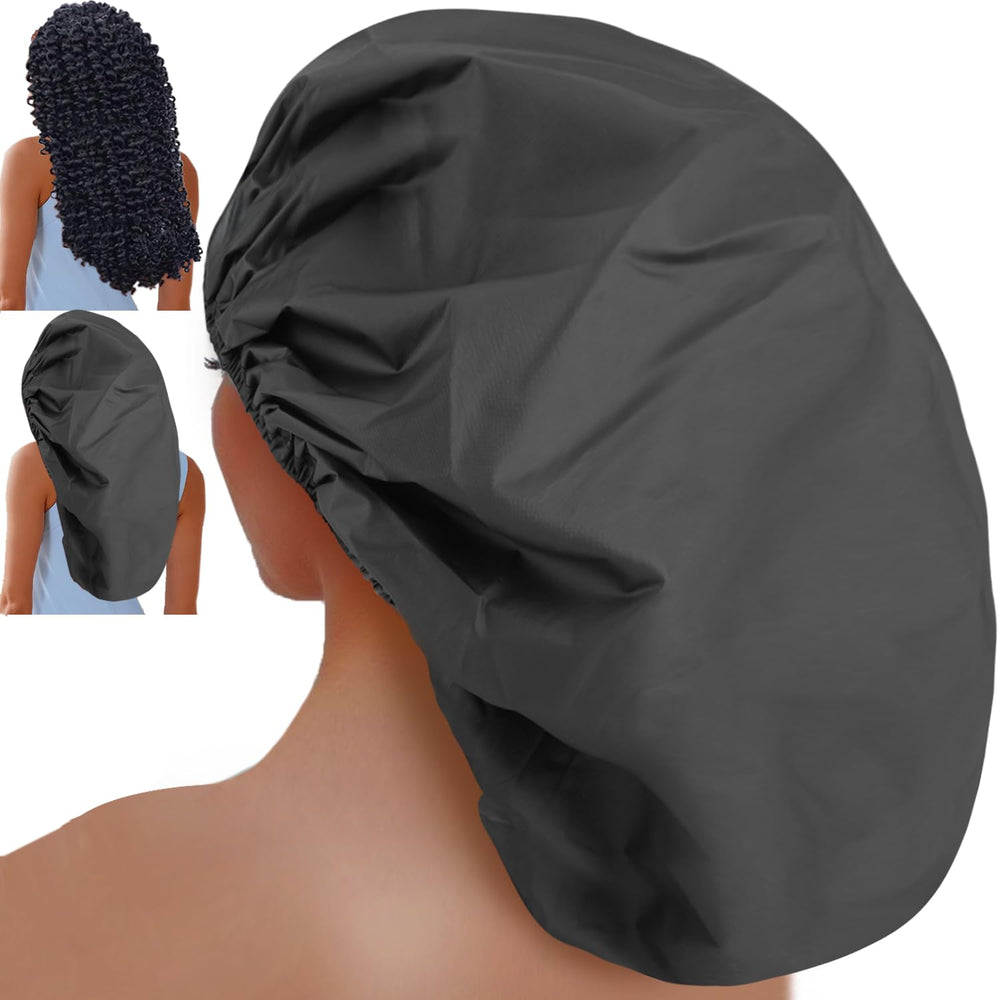 SHEOMERN super jumbo shower cap outer waterproof edge demonstrates reliable leak protection for long hair.