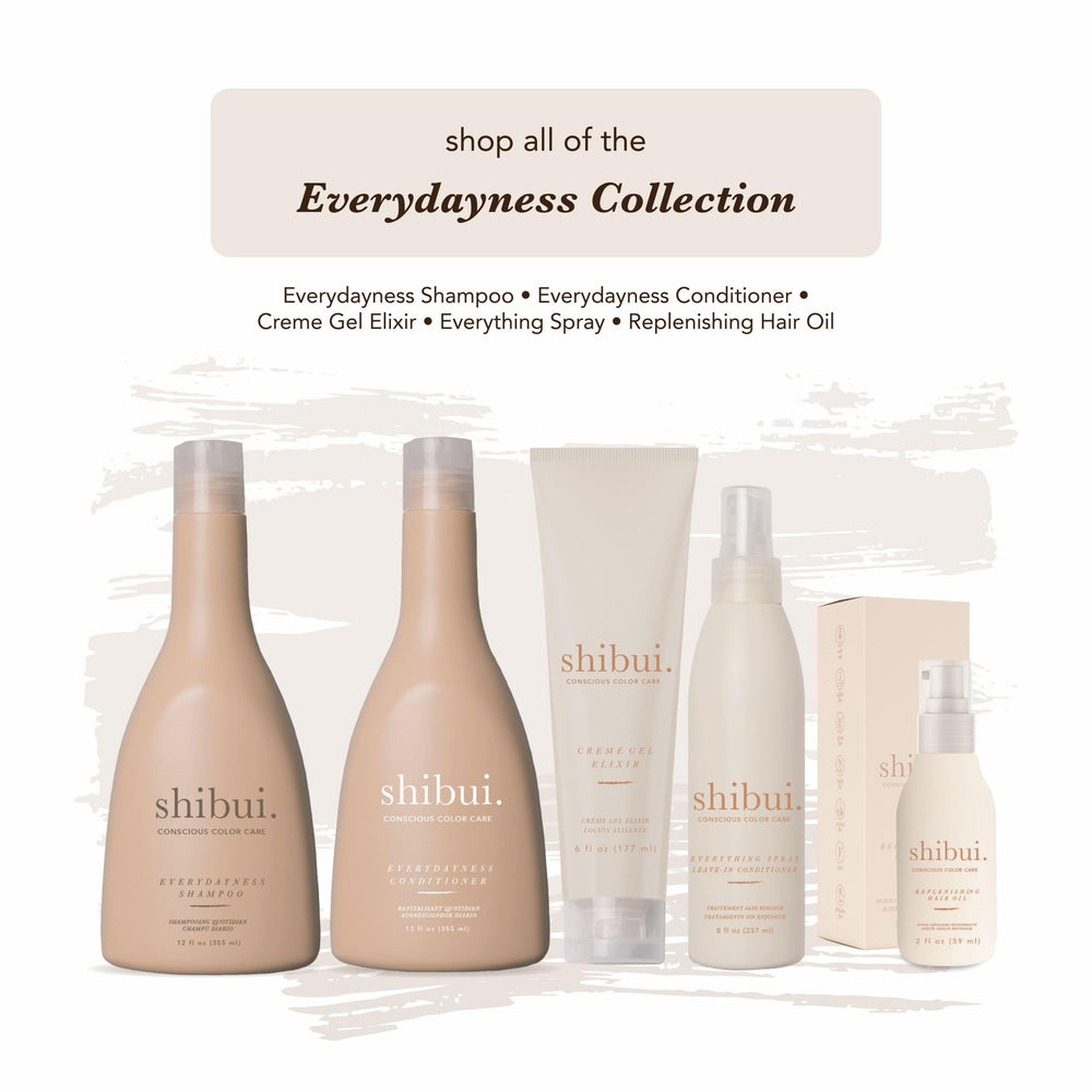 SHIBUI Everydayness Conditioner bottle with peach and babassu imagery signals nourishing softness and color protection.