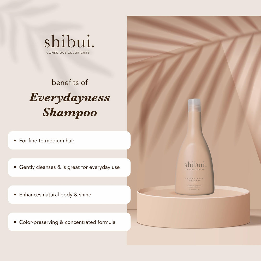 SHIBUI Everydayness Shampoo rose-water drops illustrate hydrating aroma for vibrant-looking hair.
