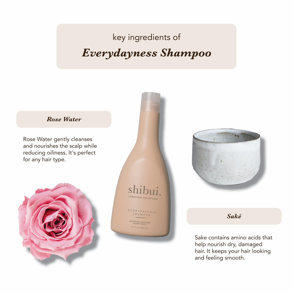 SHIBUI Everydayness Shampoo sake glass highlights nourishing saké for shinier strands.