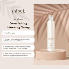 SHIBUI Nourishing Working Spray mist in action for flexible, layerable hold.