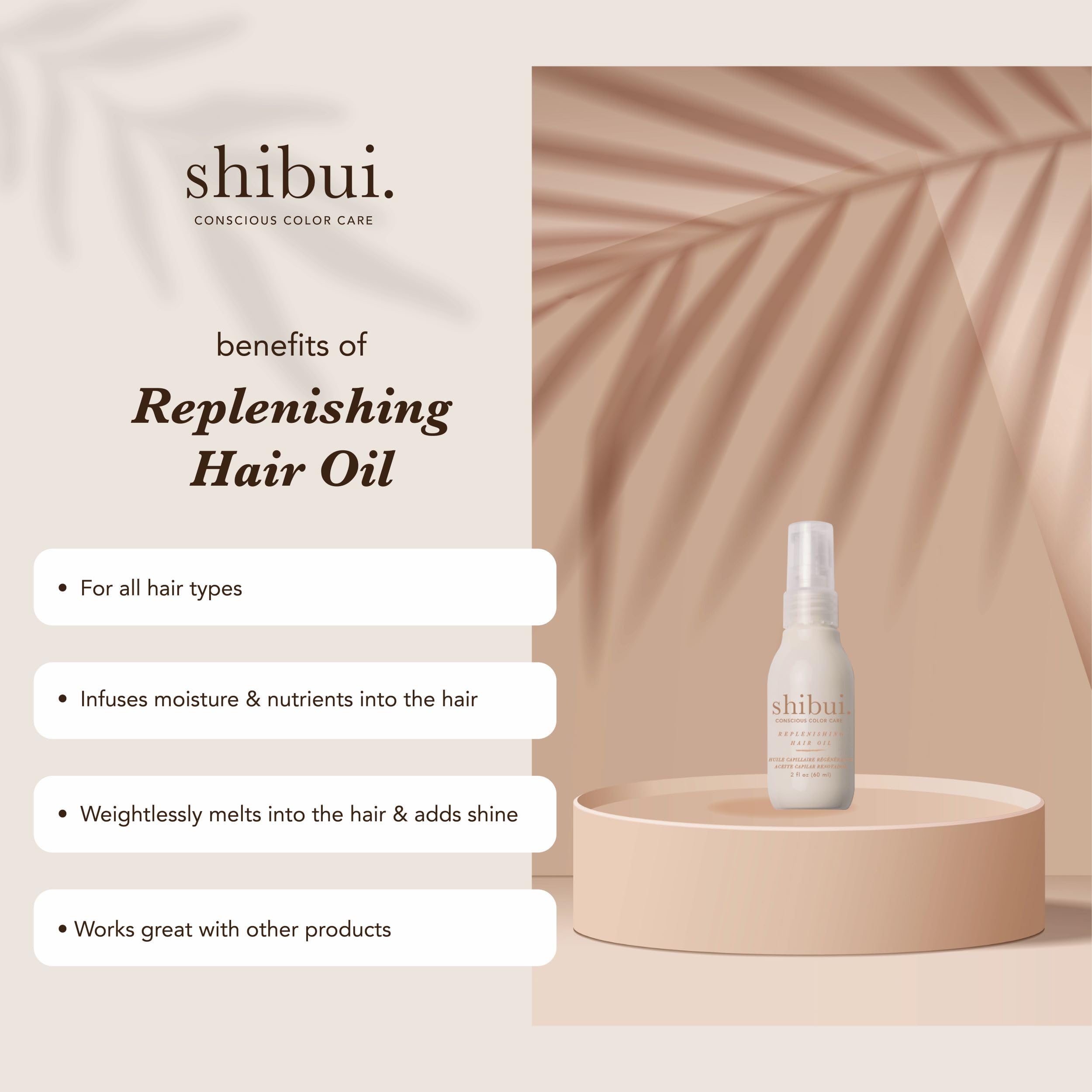 SHIBUI Replenishing Hair Oil on hand shows lightweight, blendable texture for styling.