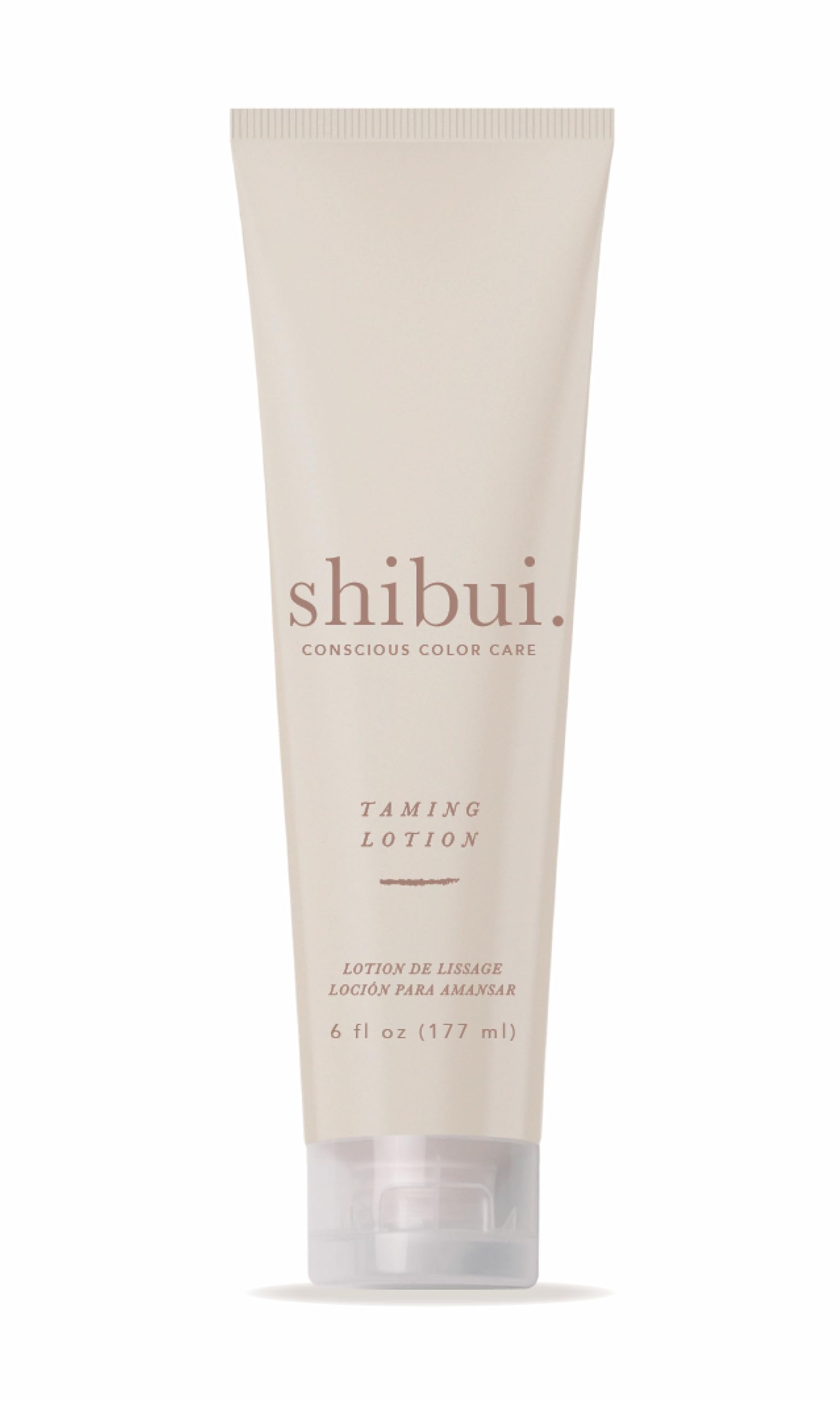 SHIBUI Taming Lotion bottle front shows frizz-control in a sleek vegan formula.