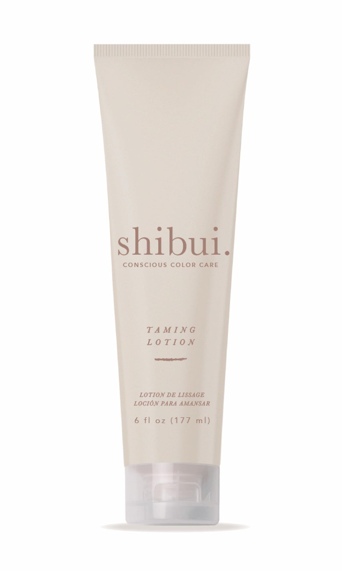 SHIBUI Taming Lotion bottle front shows frizz-control in a sleek vegan formula.